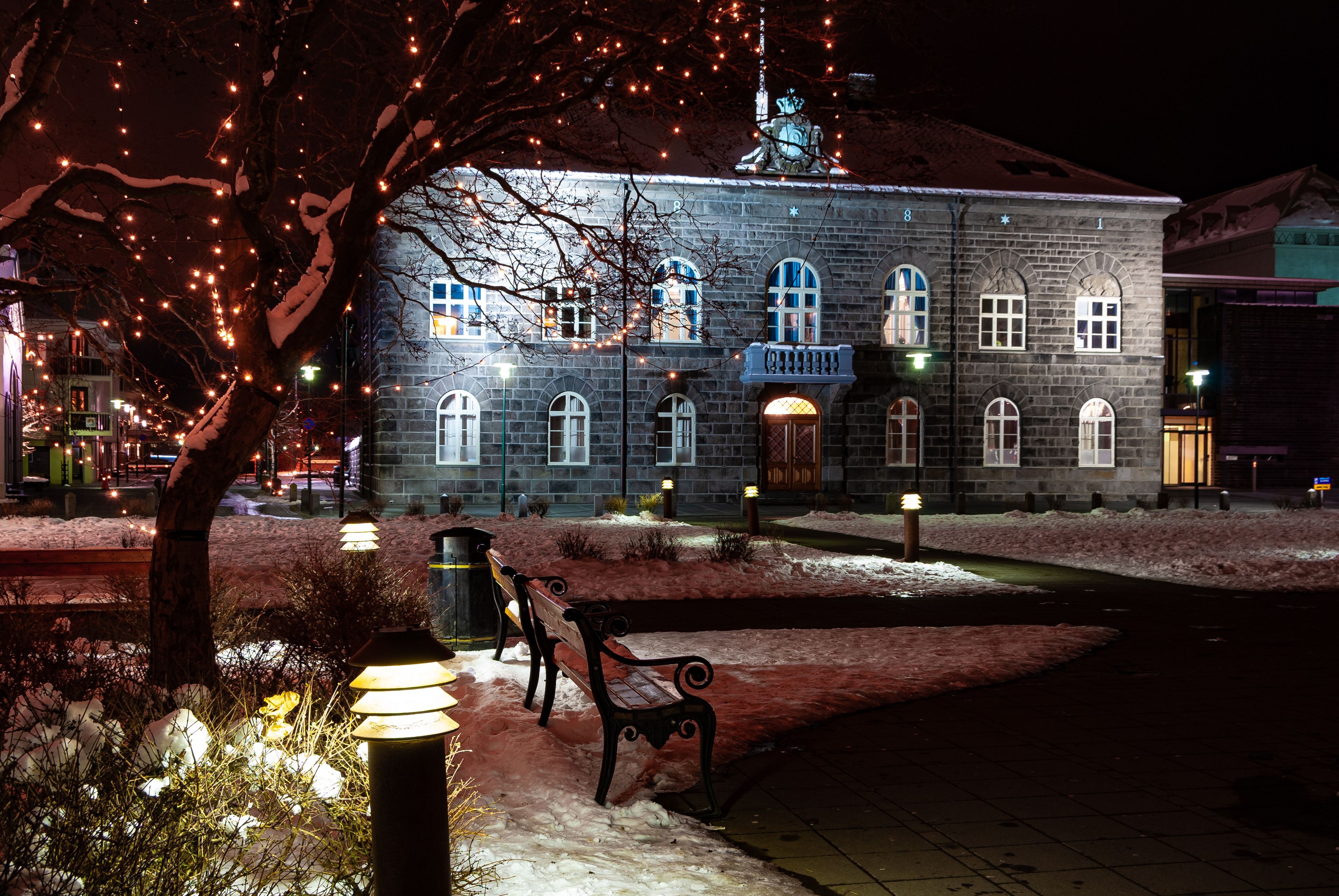 Parliament building in Reykajvik with the Christmas lights