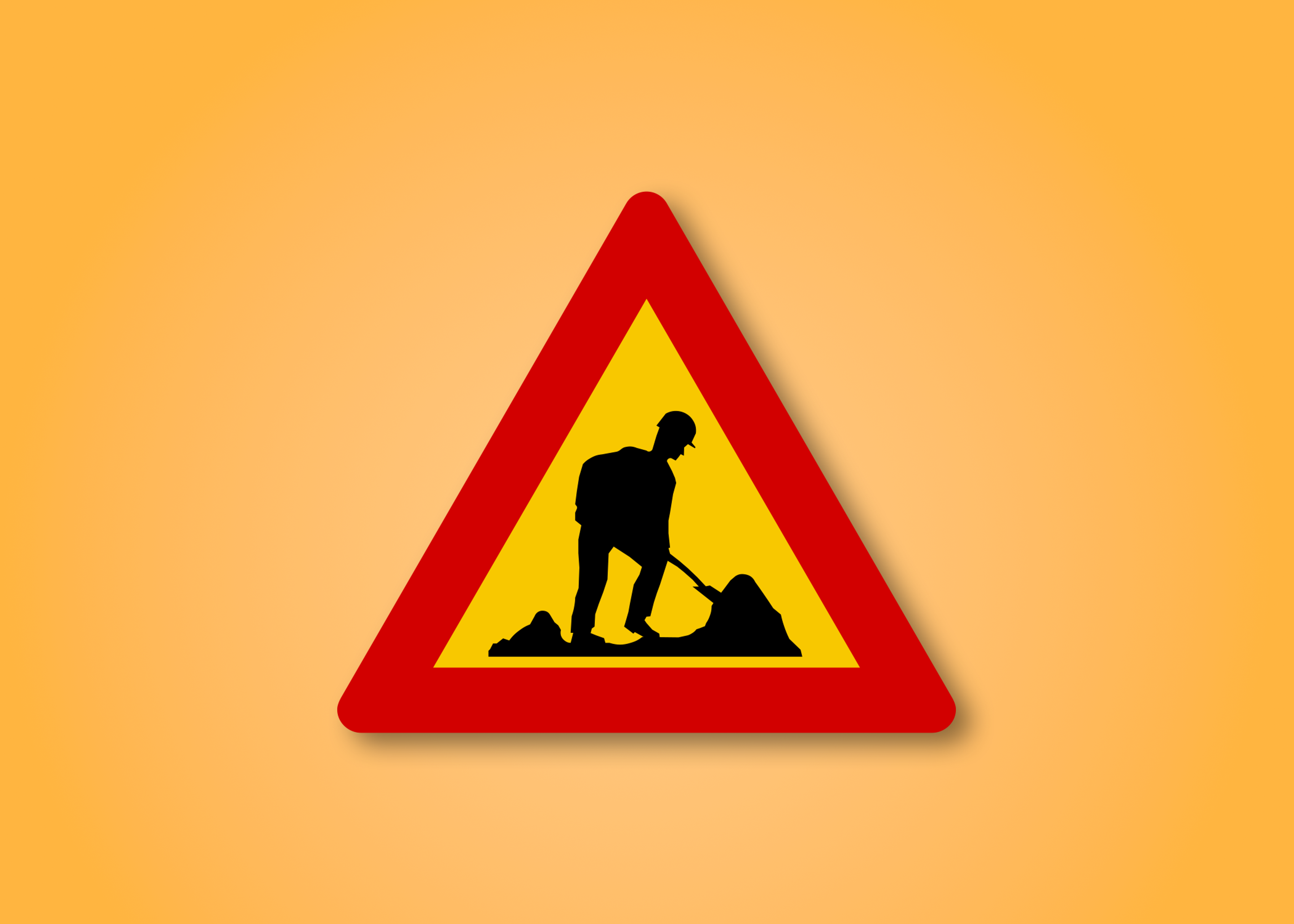 Red and yellow triangle road sign with an Icelandic Worker in the middle. This road sign means Workers ahead