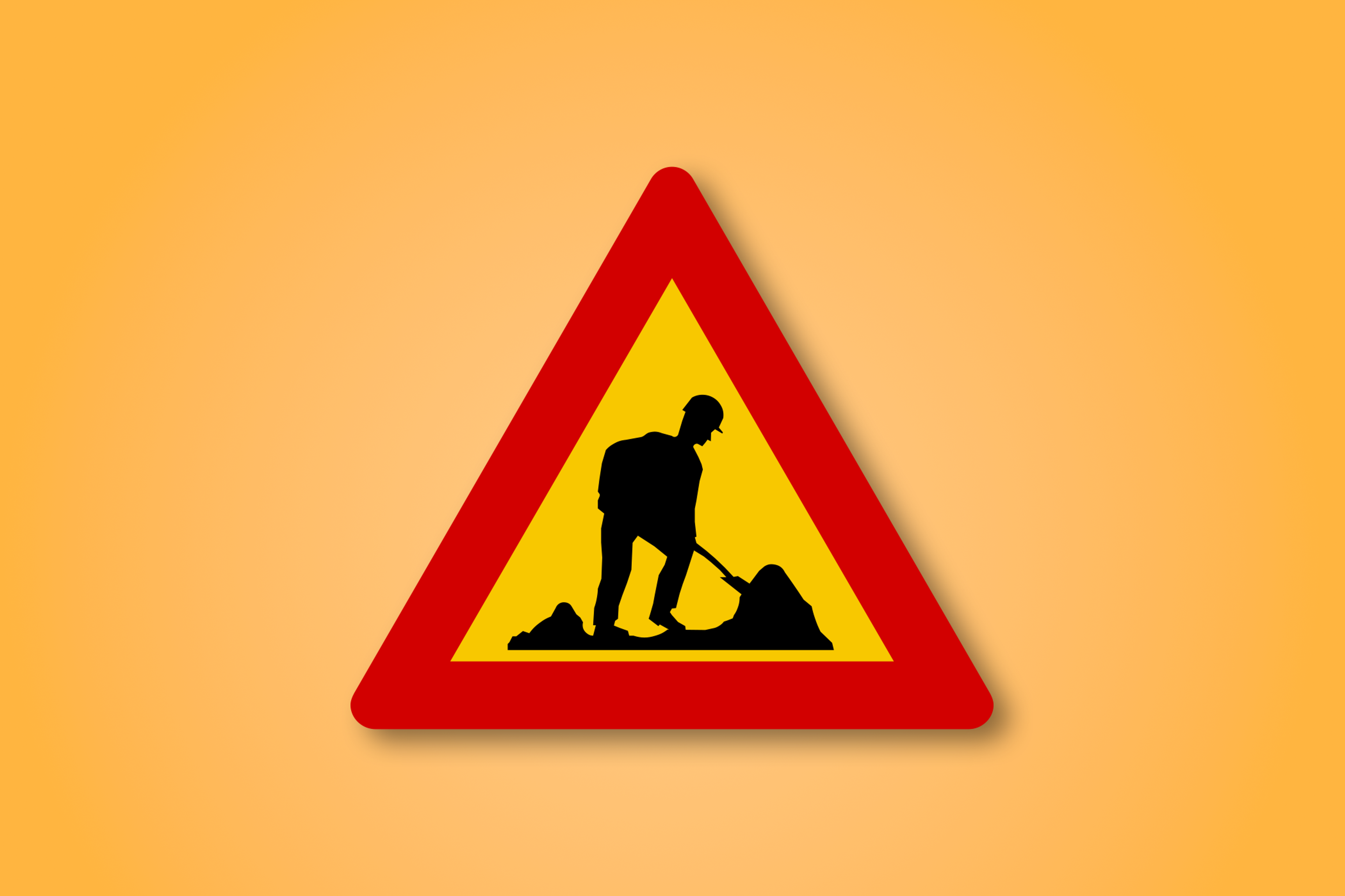 一块红色和黄色的三角形路标，中间有冰岛工人的图标。这个路标表示前方有工人。