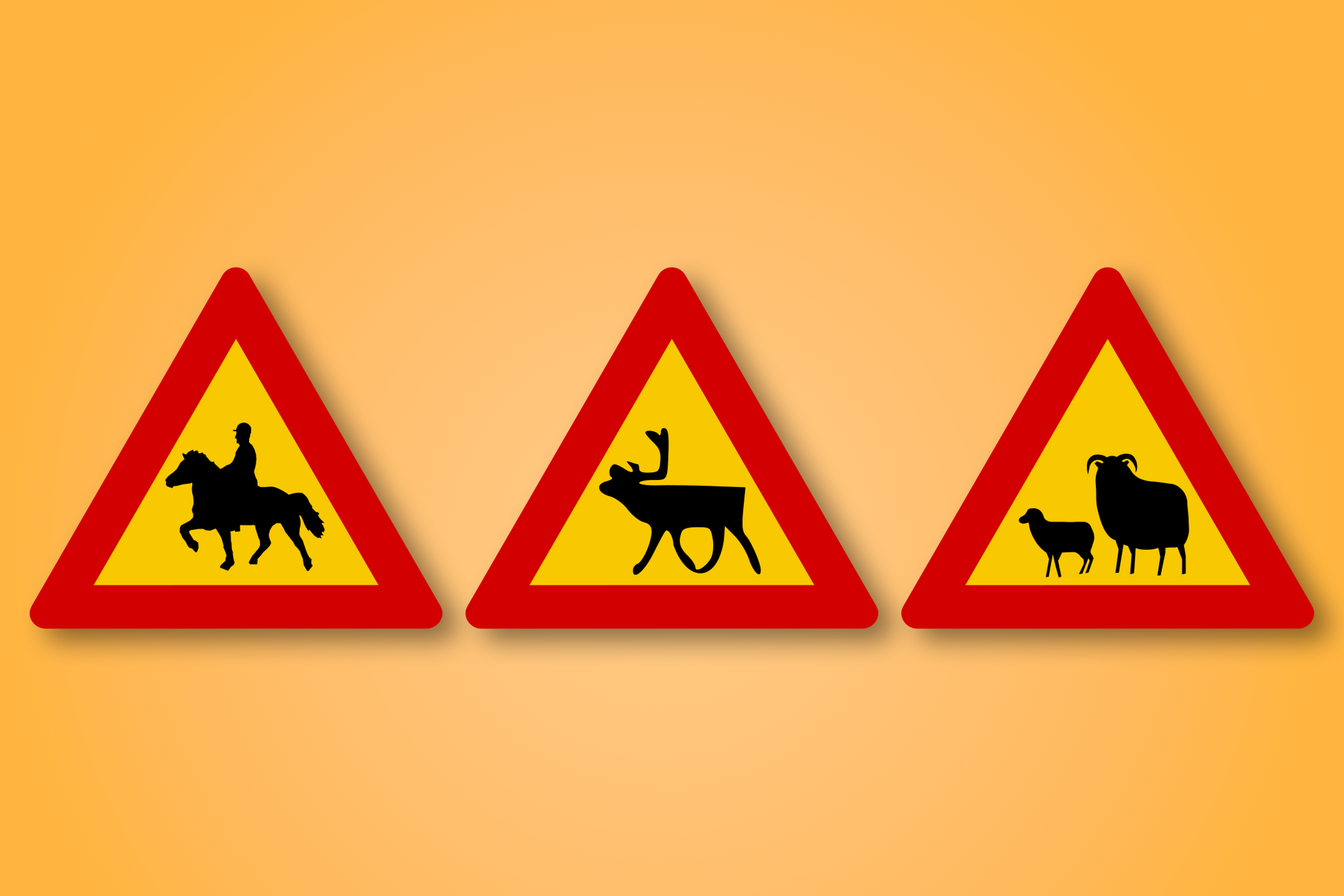 一块红色和黄色的三角形路标，中间有动物的图标。这个路标表示前方有动物穿越道路。