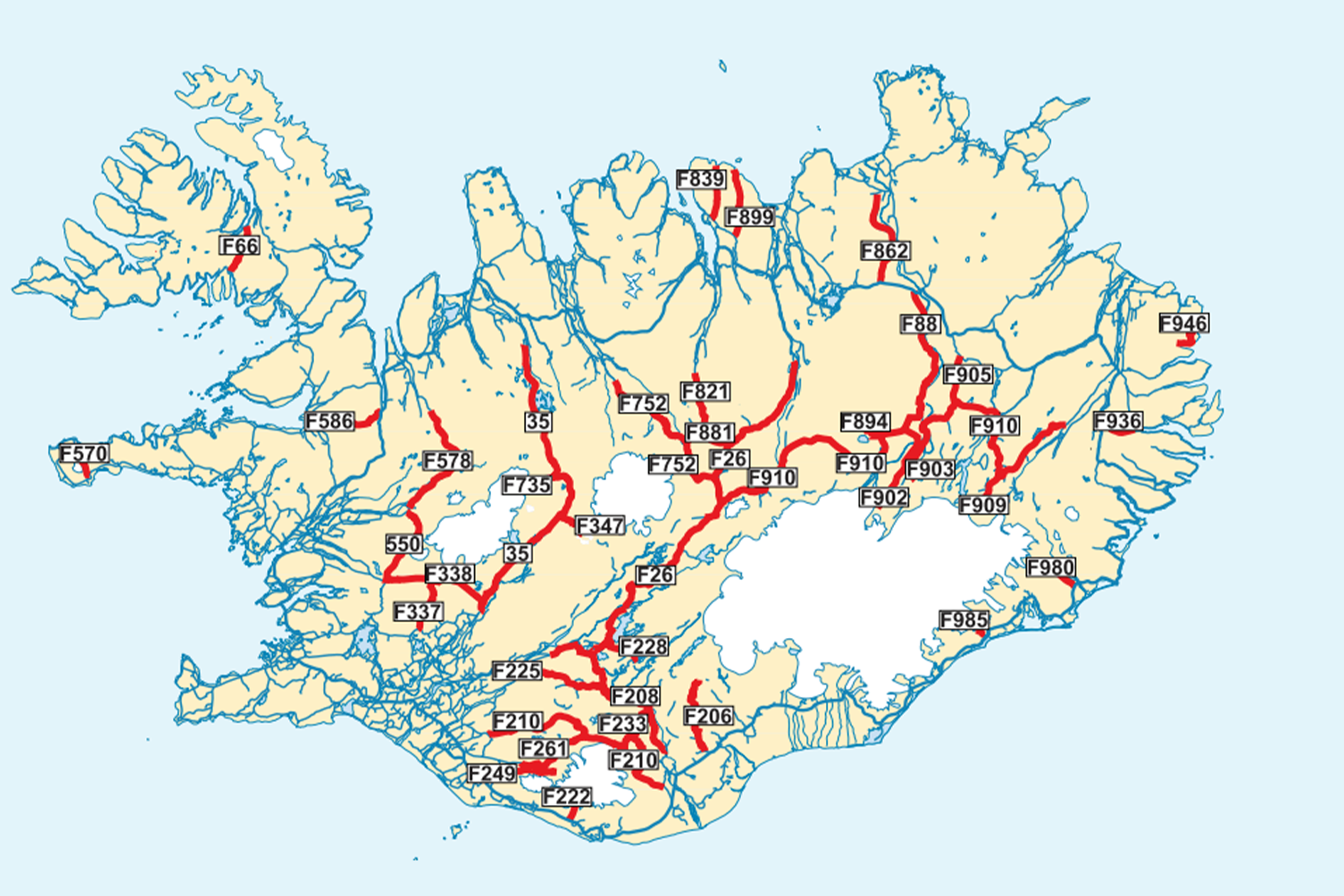 Detailed map of all F-roads in Iceland 