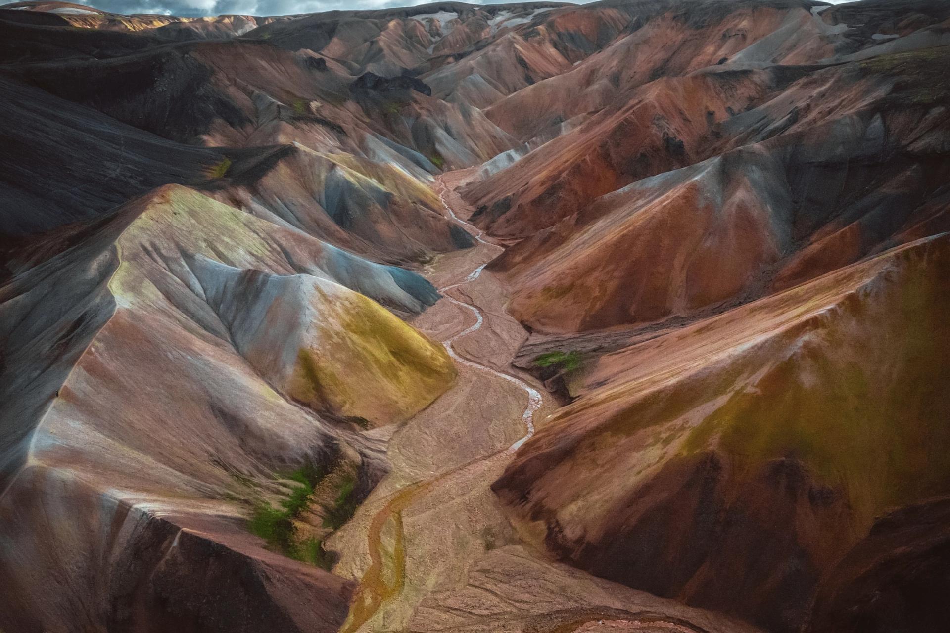 Aerial drone view of Landmannalaugar colorful mountains panorama in Iceland. Beautiful nature landscape