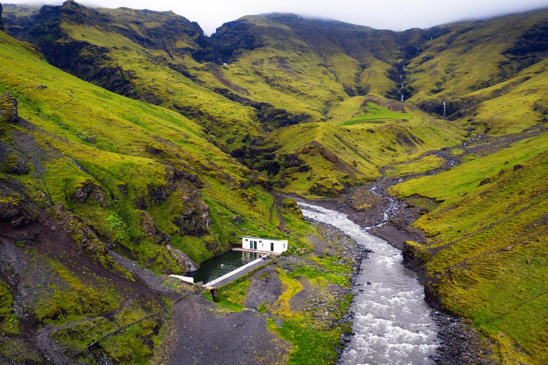 Aerial view of l Seljavallalaug in south Iceland