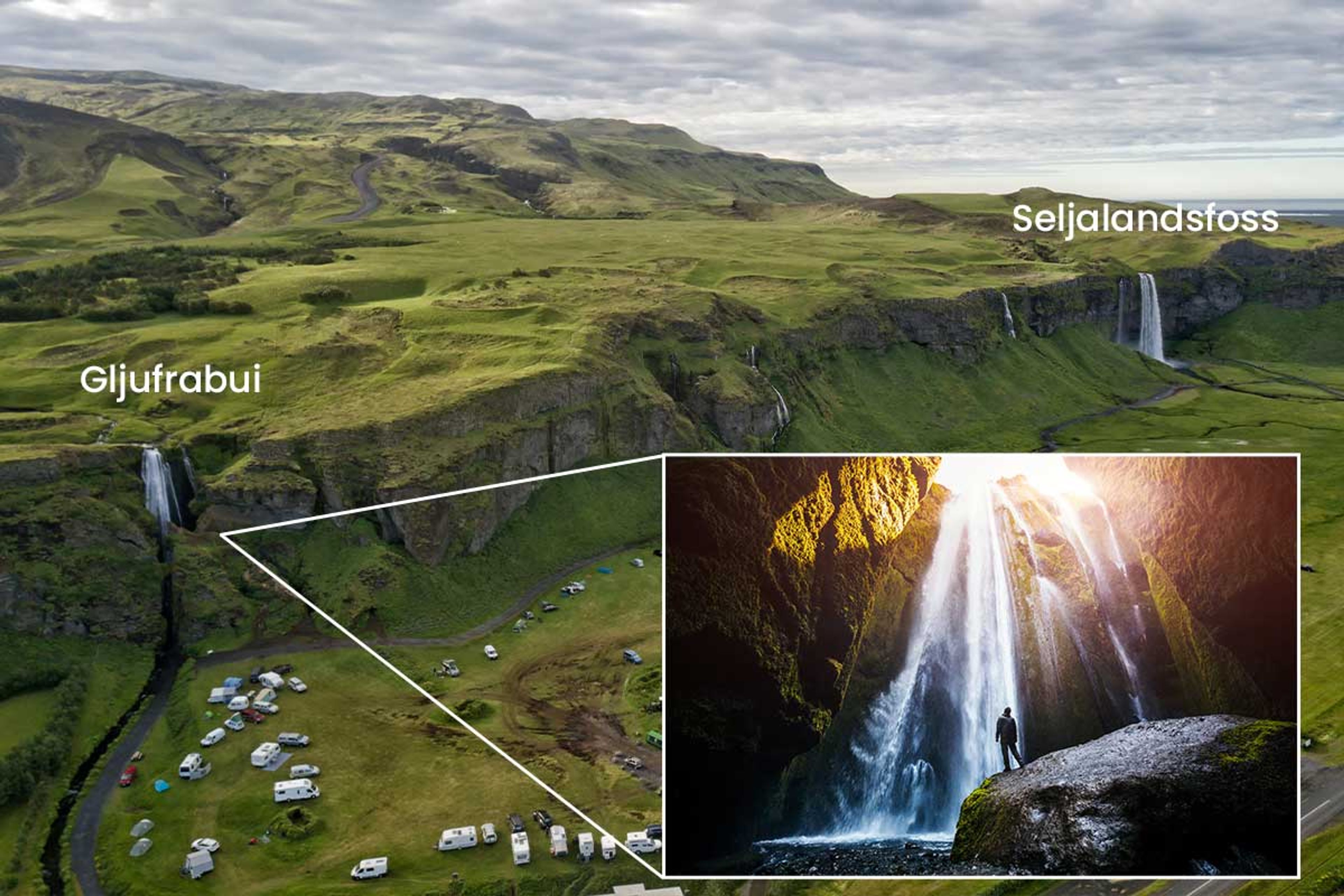 Map showing where gljufrabui is and where seljalandsfoss waterfall is located with rental cars parked around