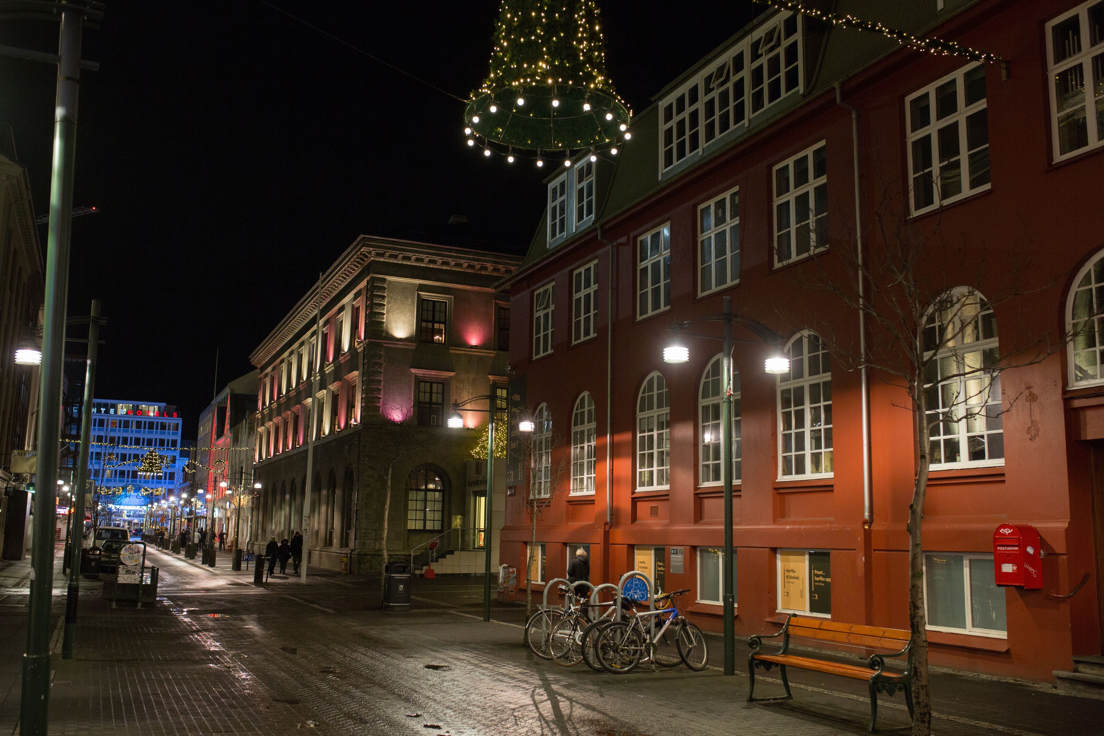 Reykjavik in winter with the Christmas lights lit up