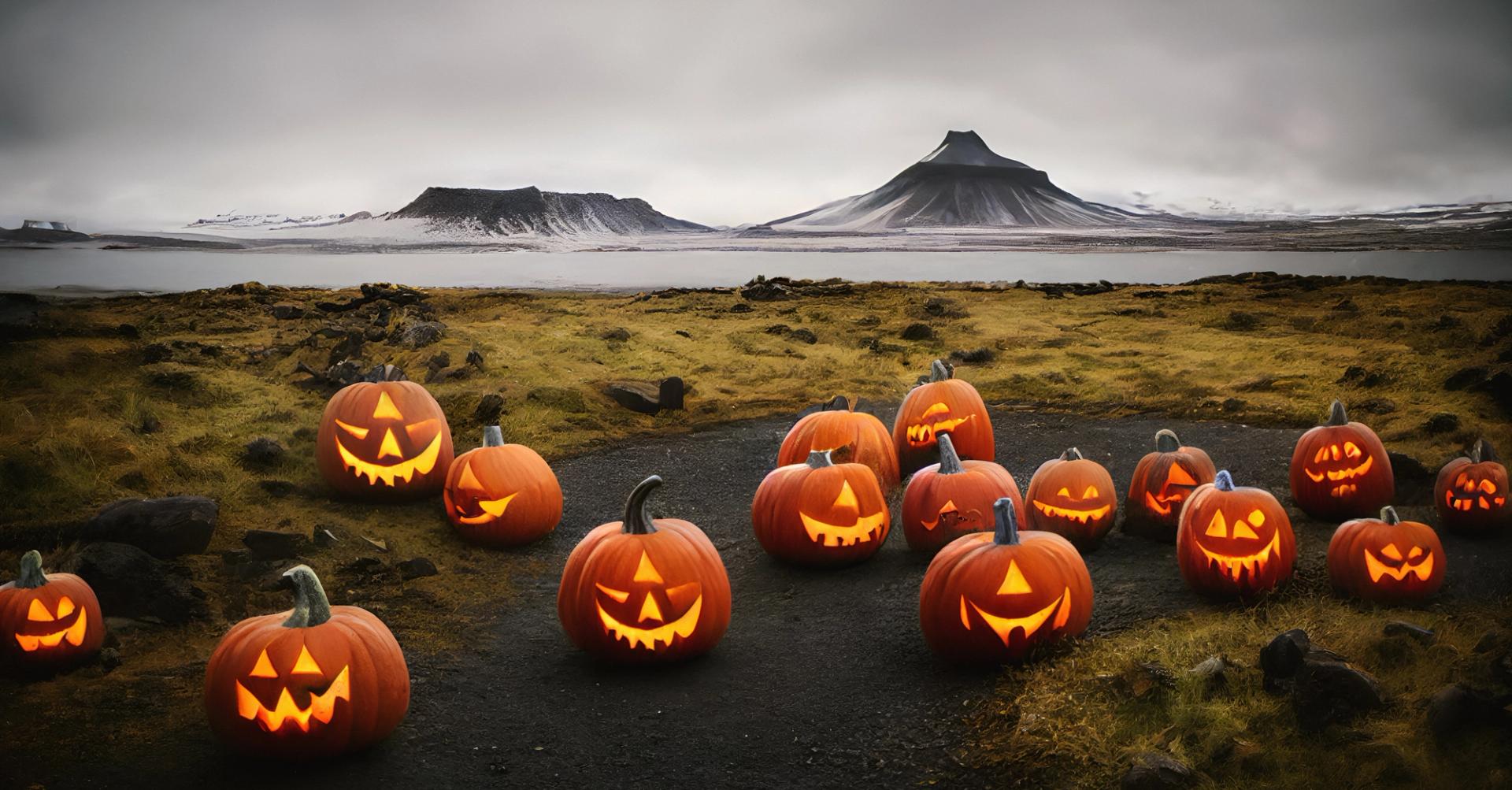 Halloween pumpkins sitting near mountains in Iceland