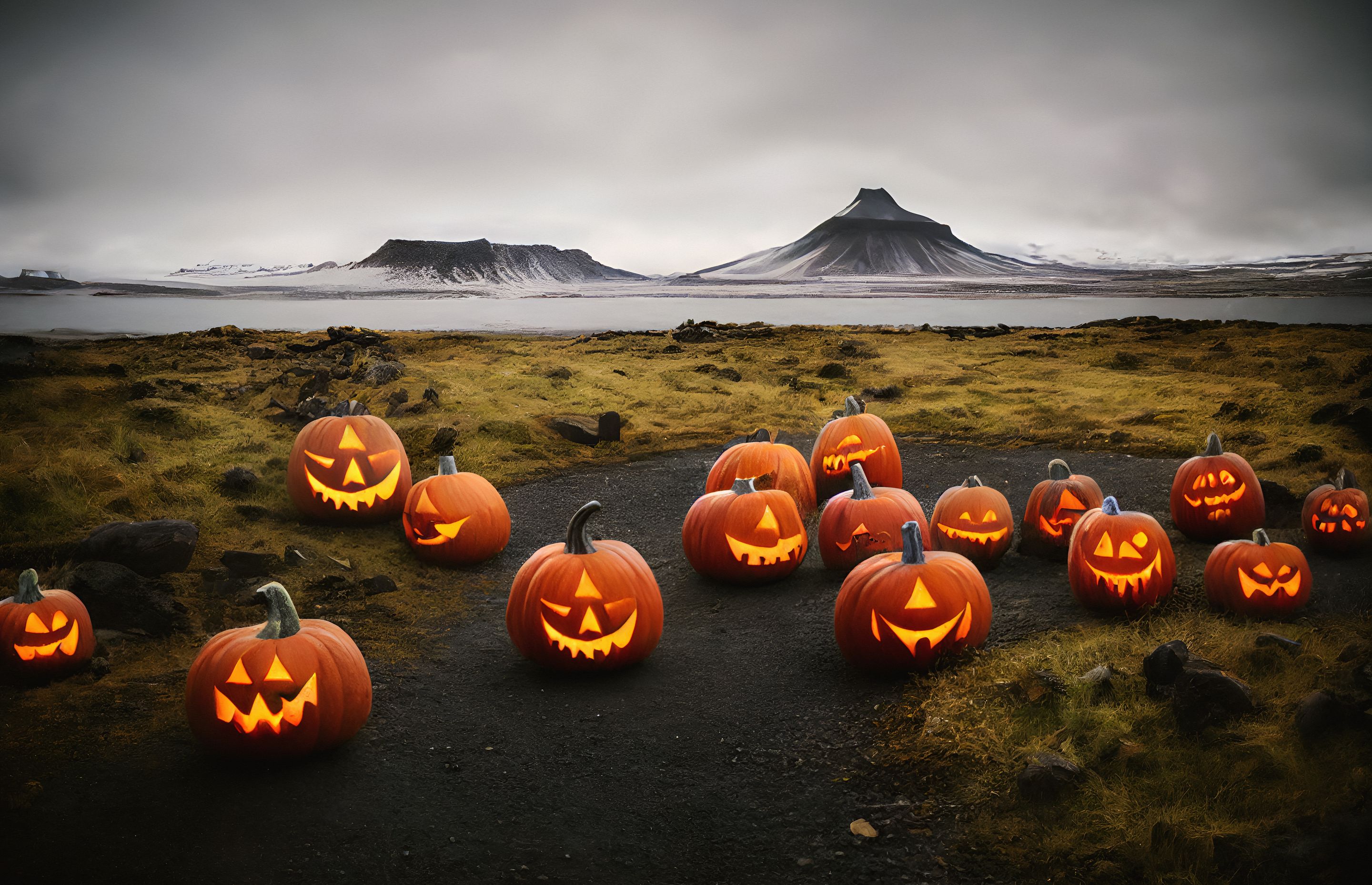 Halloween pumpkins sitting near mountains in Iceland