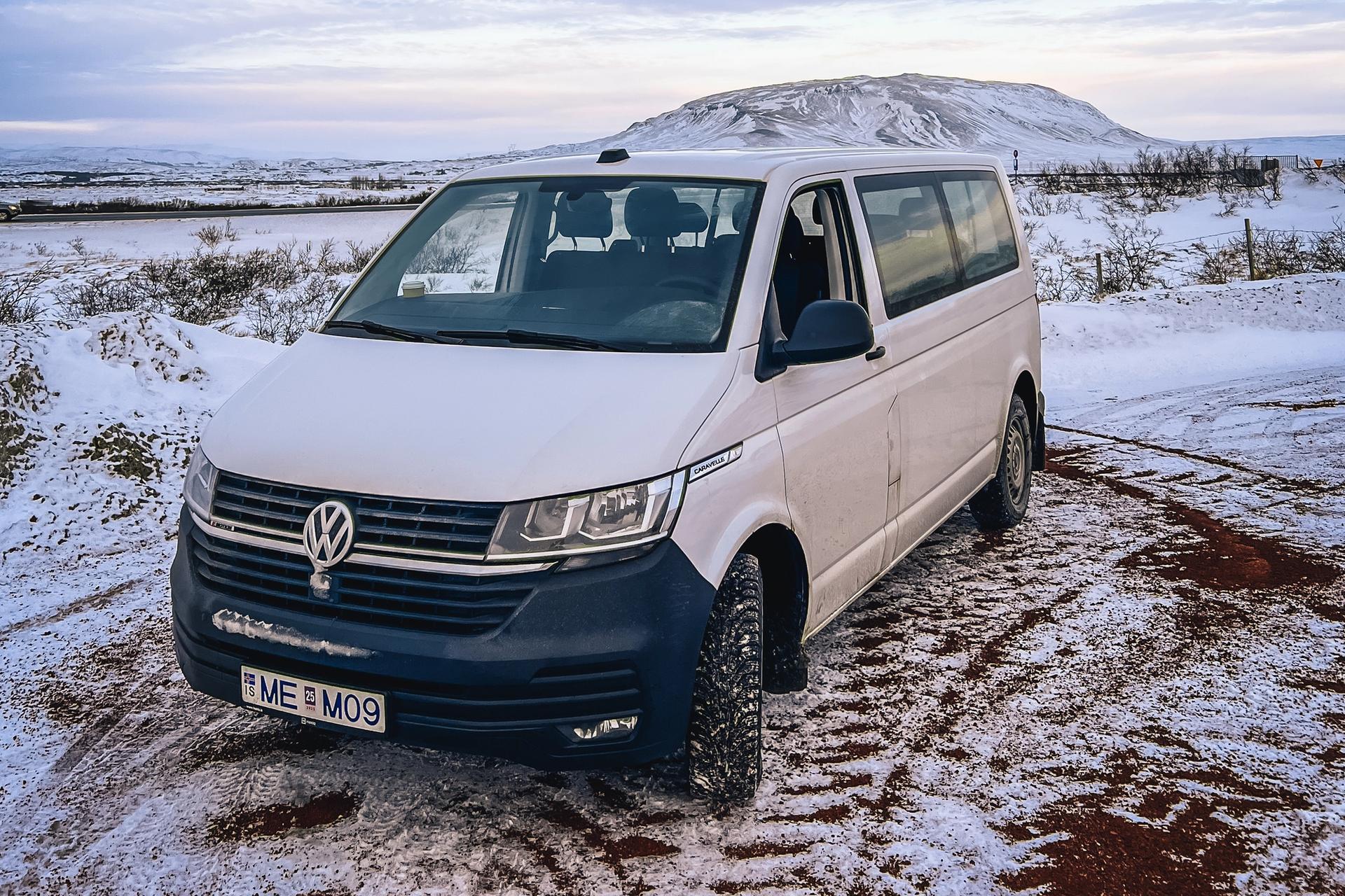 The Volkswagen minivan for 9 people in winter road of Iceland