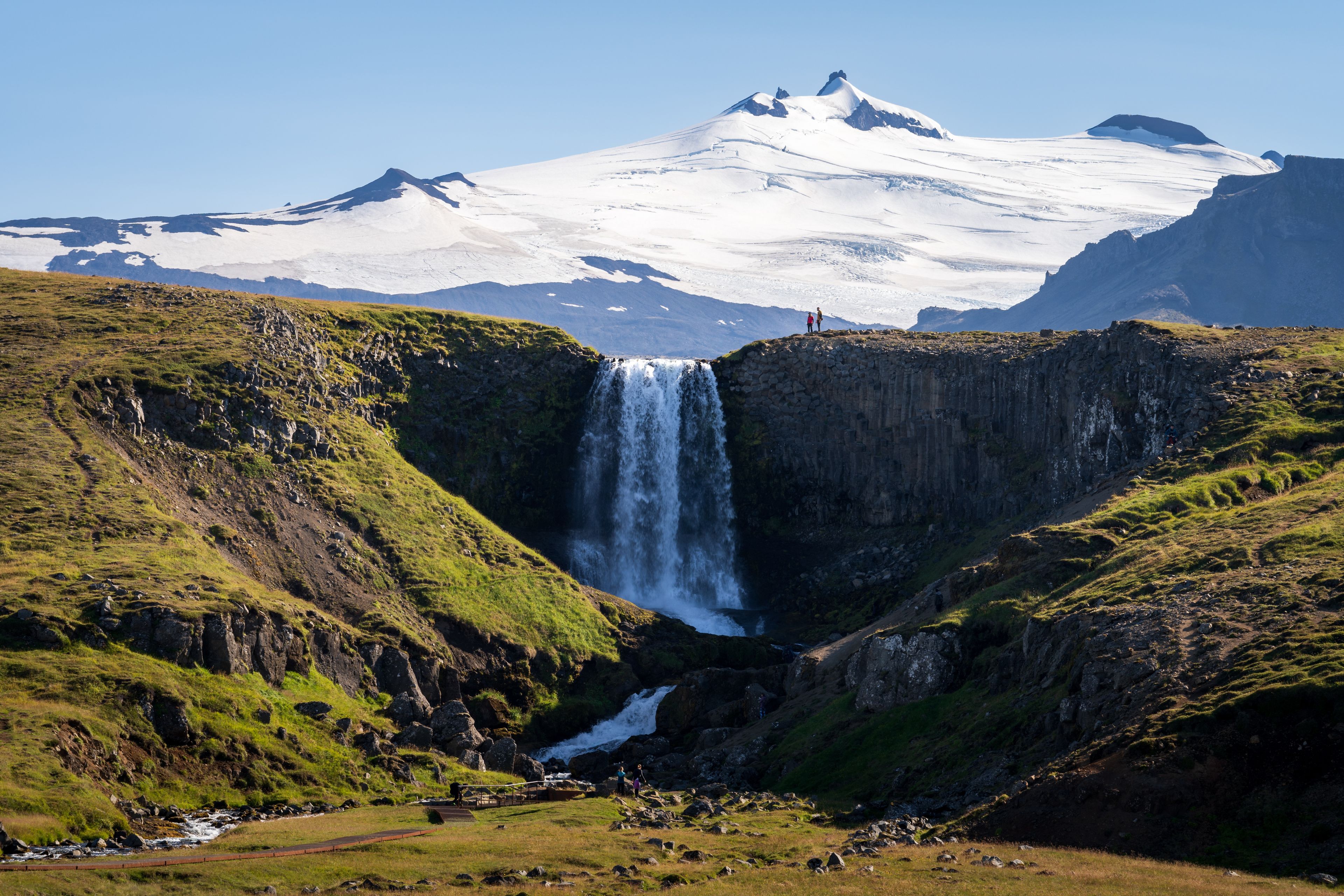 Svodufoss waterfall and Snaefellsjokull glacier in background, Iceland