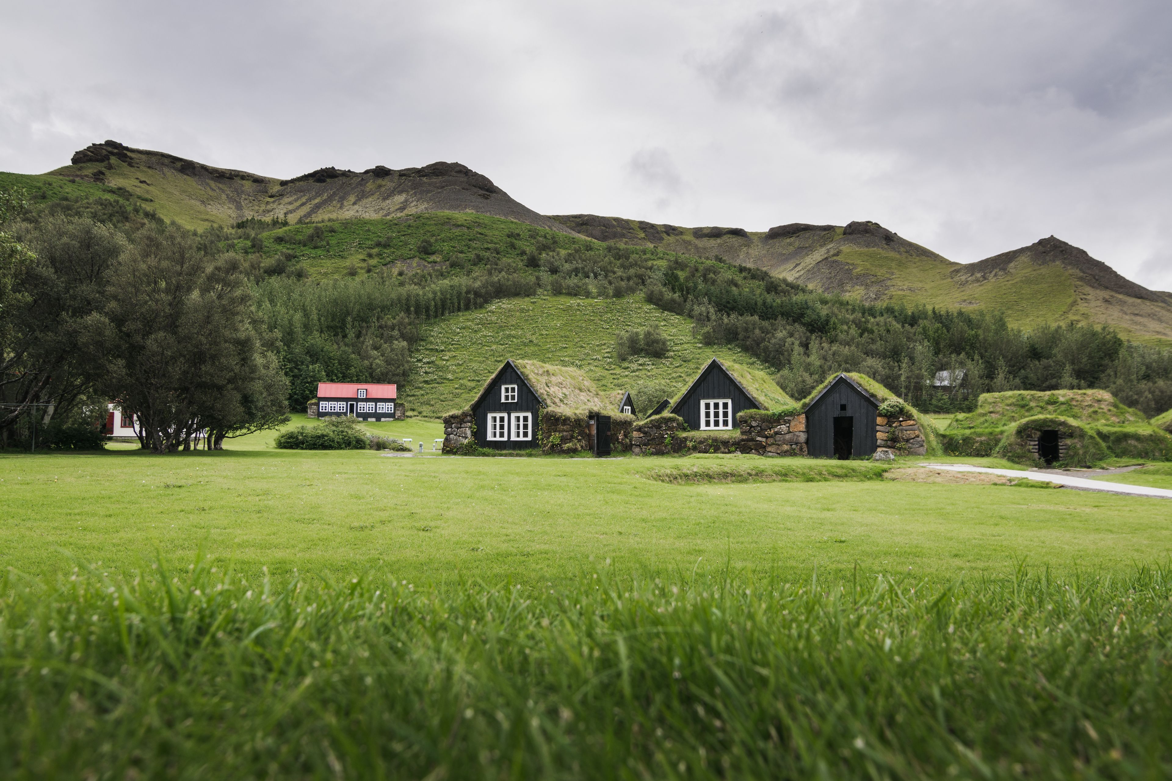 Traditional Icelandic turf houses with grass roof in Skogar open air museum, Iceland