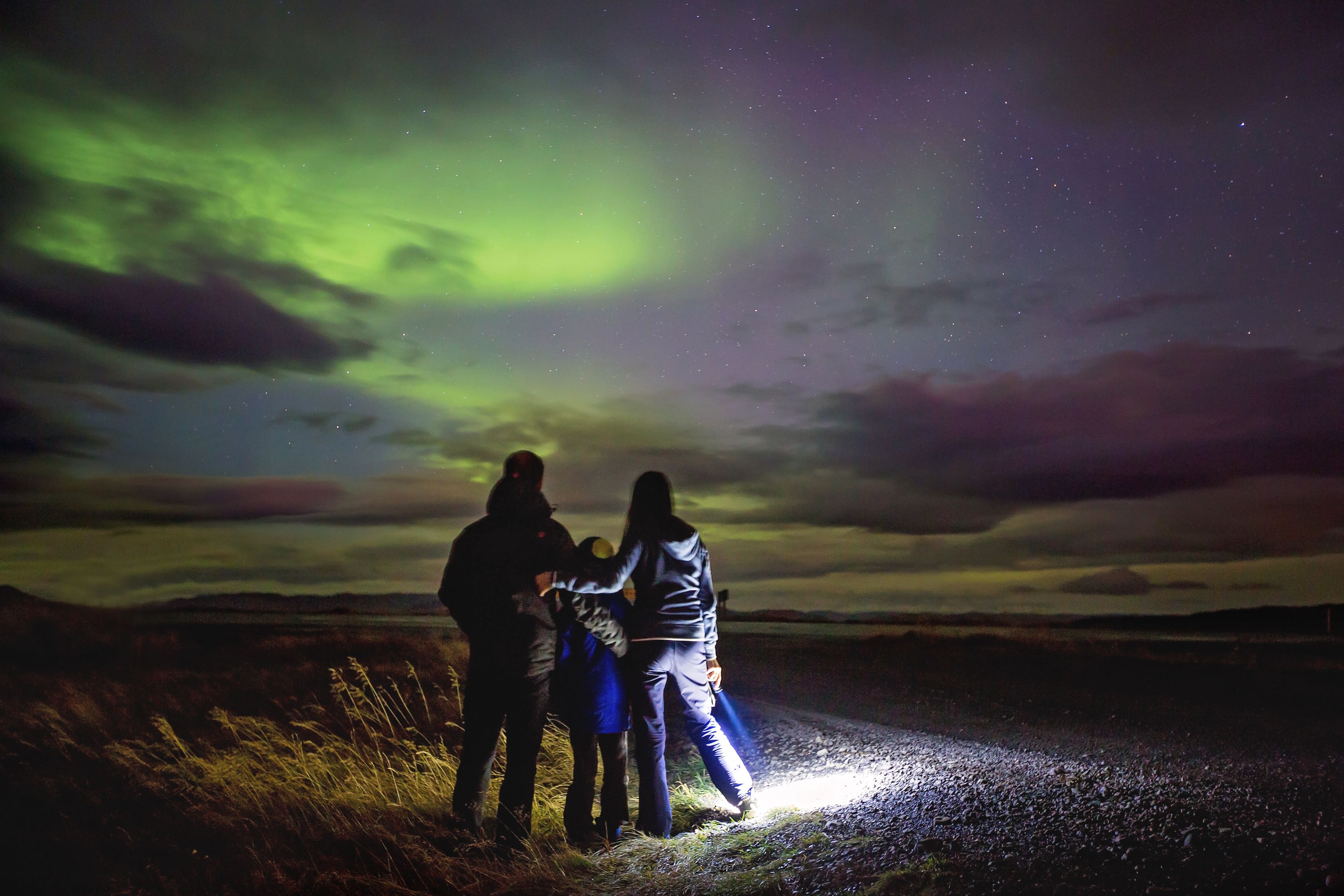 Family admiring the Northern Lights in Iceland