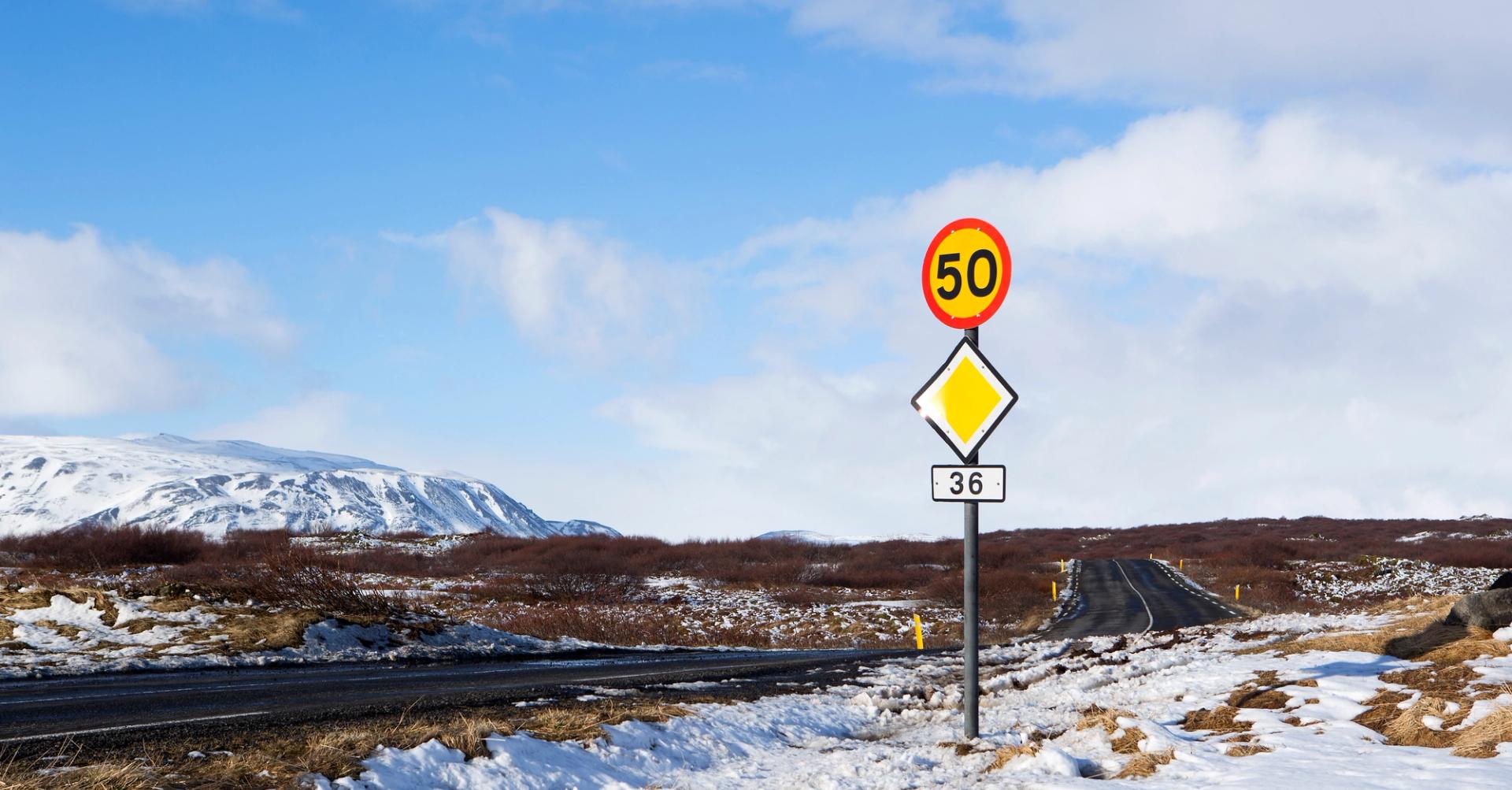 Speed limit sign in Iceland that says 50 is the maximum speed limit