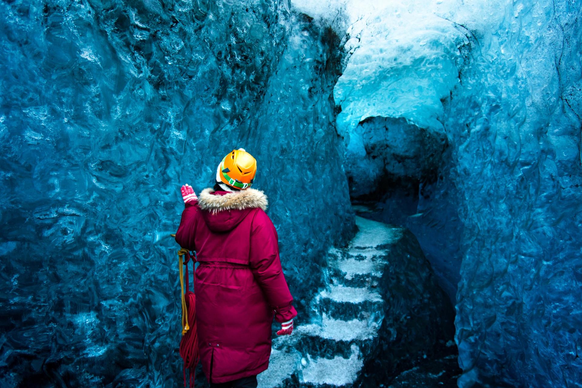 exploring blue ice cave in Iceland