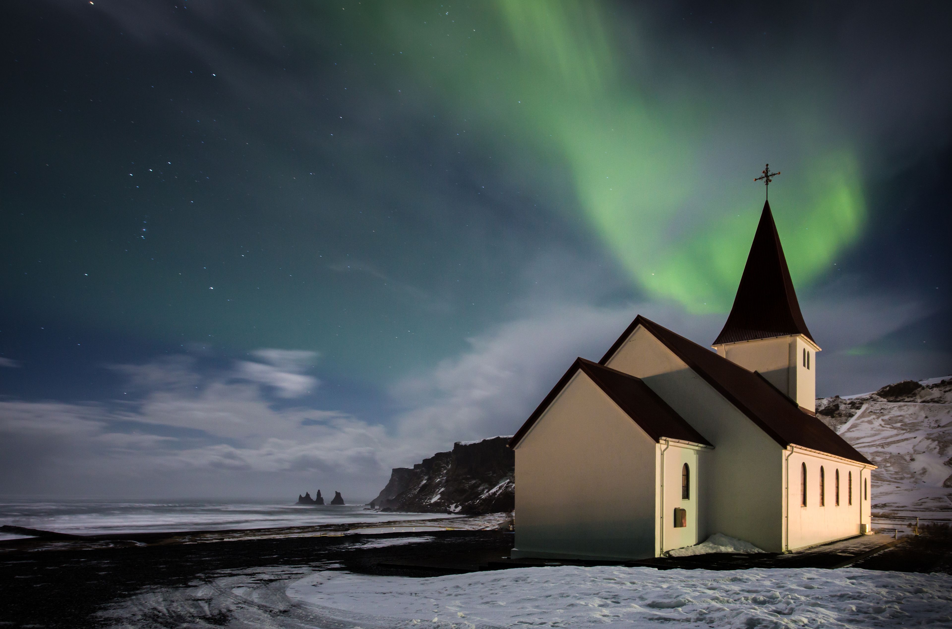 Northern lights above Vik Church, Iceland