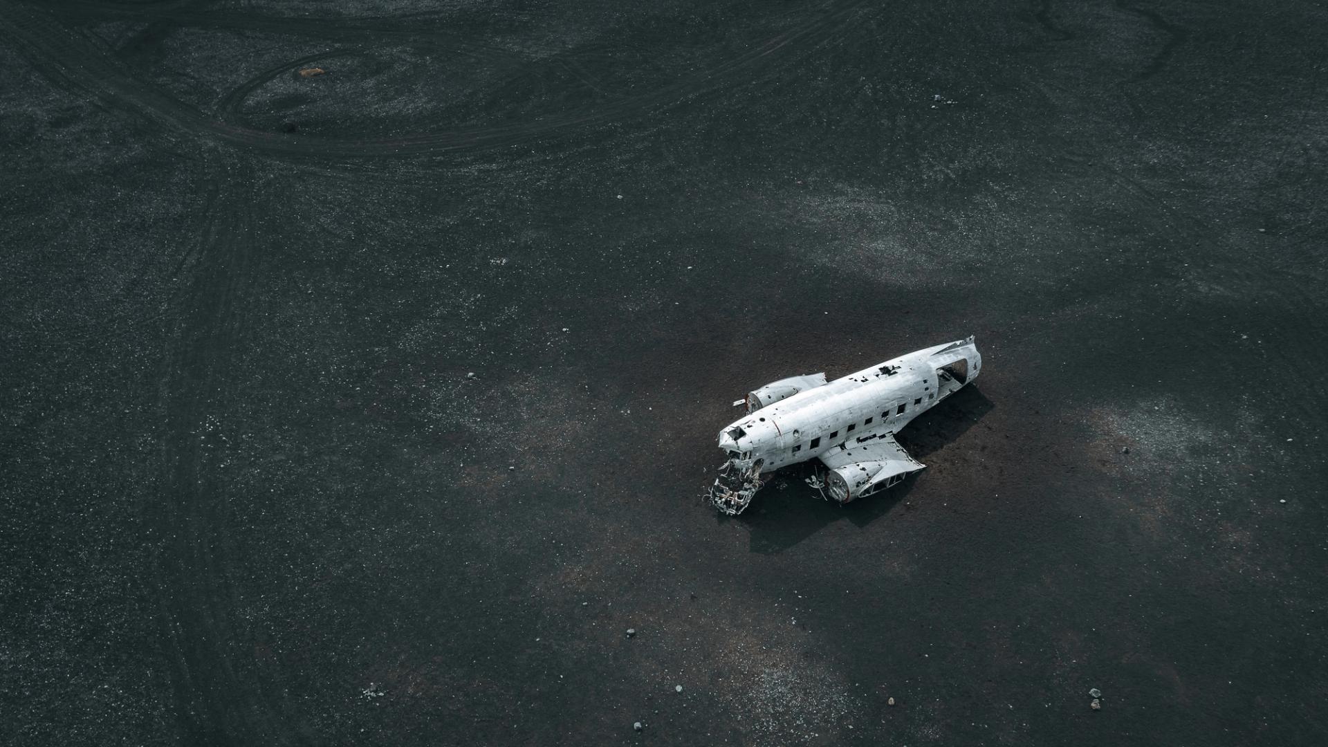 The abandoned DC Plane wreckage on the black sands of Sólheimasandur Beach in Iceland