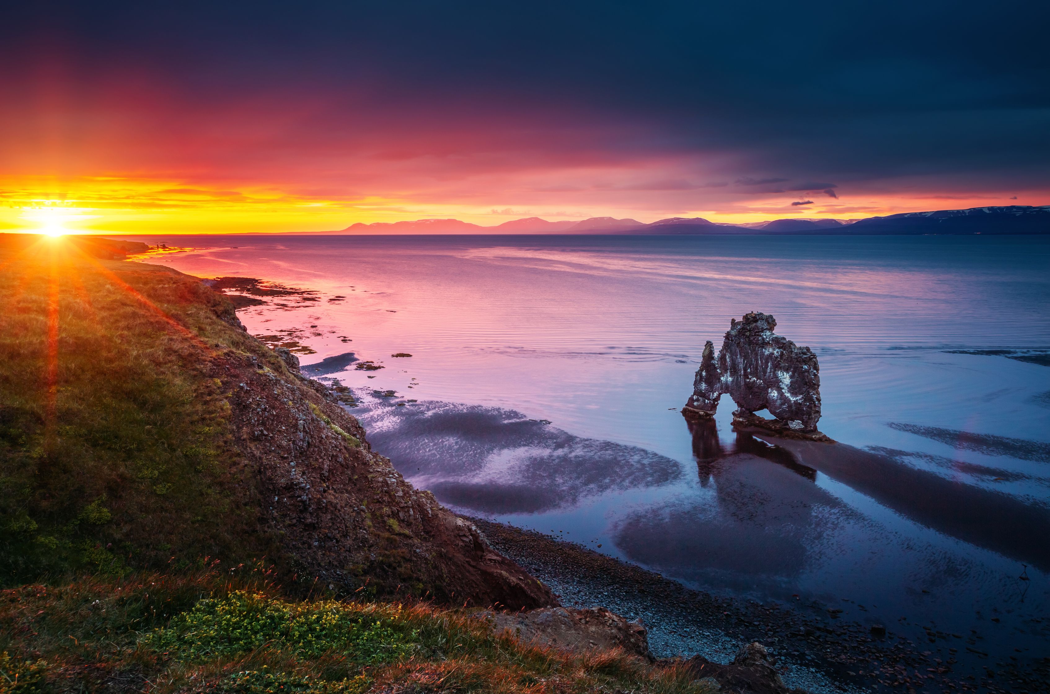 Aerial of Hvitserkur with the sun rising