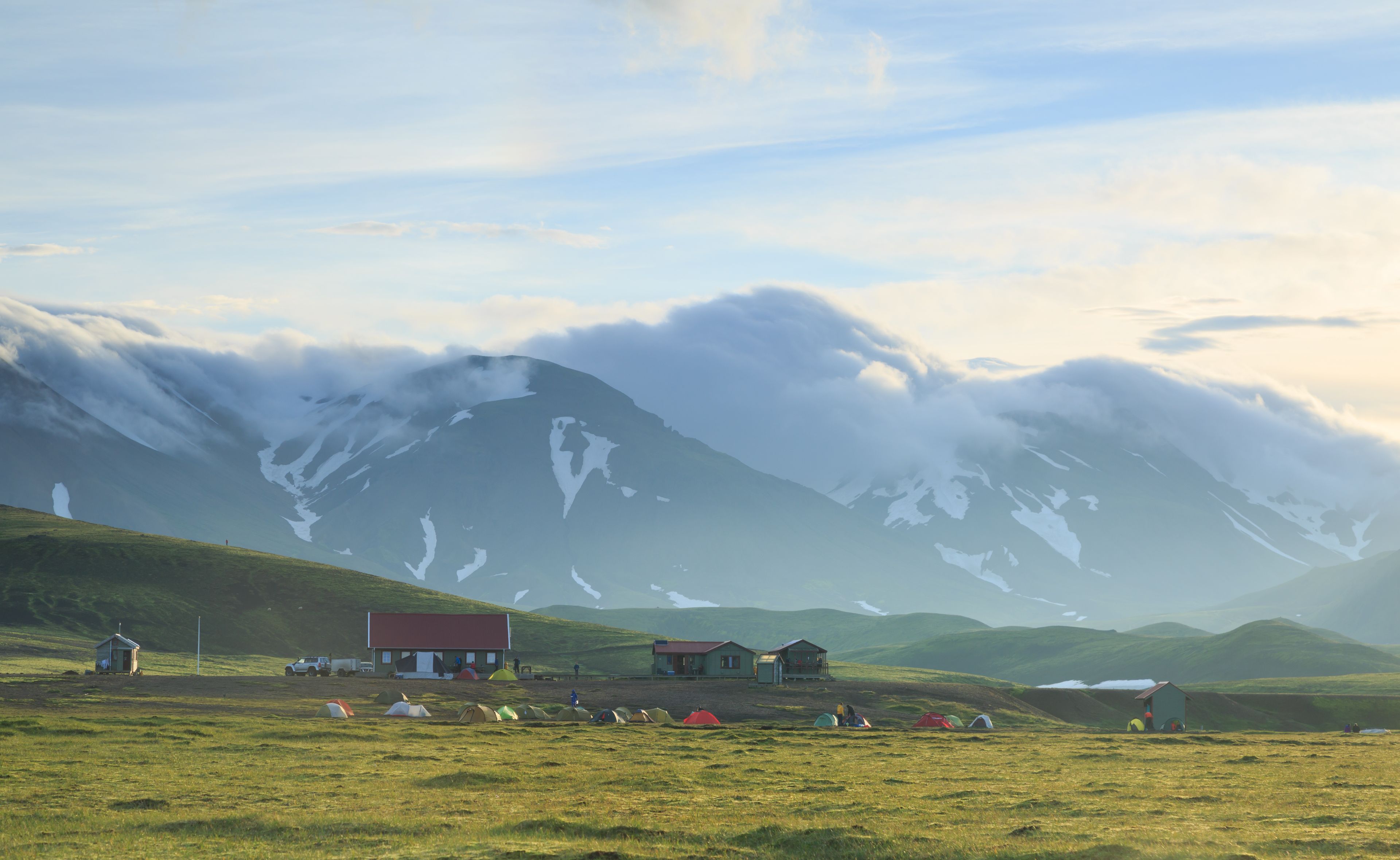 Alftavatn hut and campsite on the Laugavegur trail on Iceland.