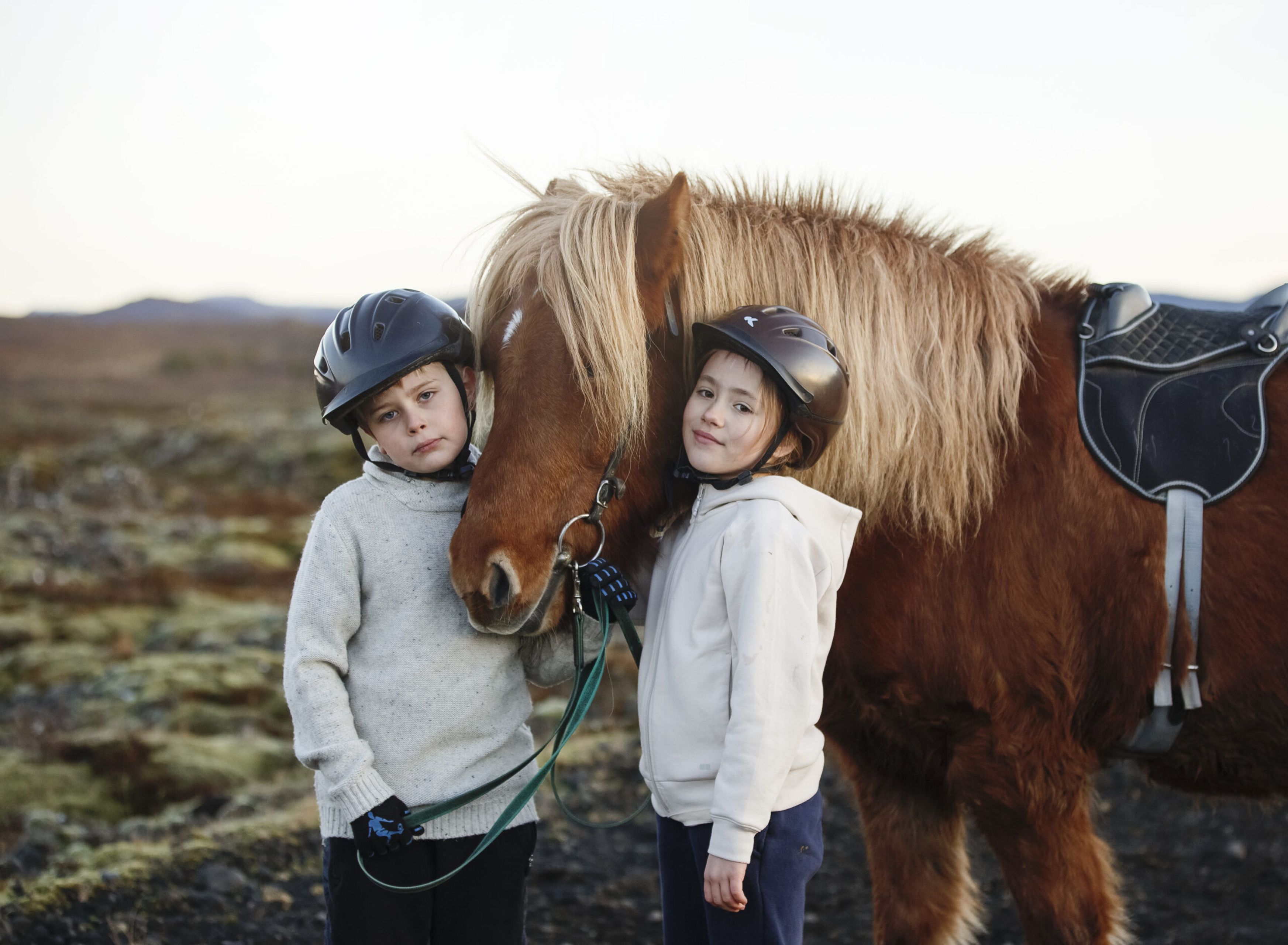 2 kids petting a horse in Iceland 