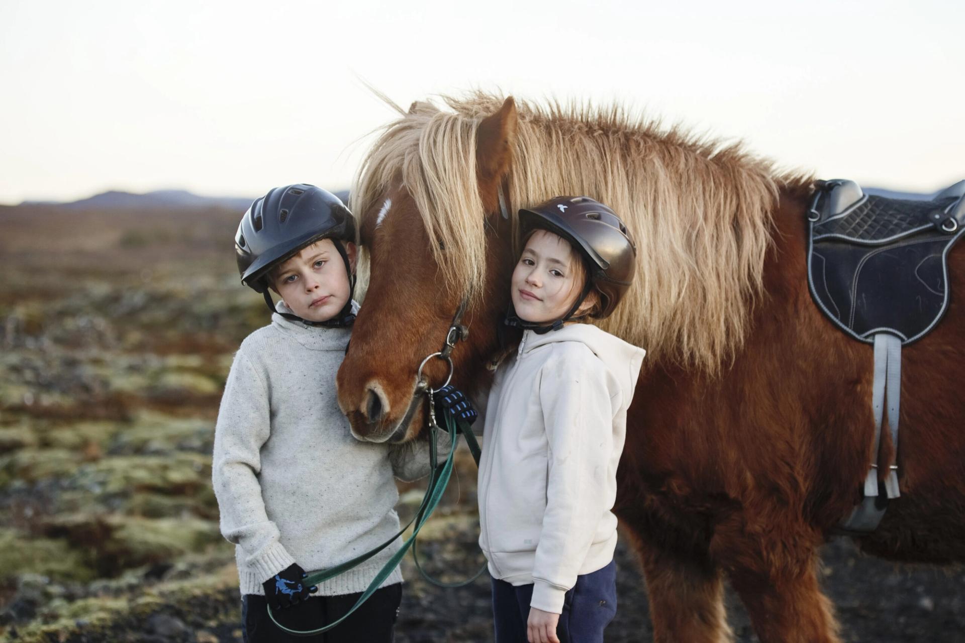 2 kids petting a horse in Iceland 