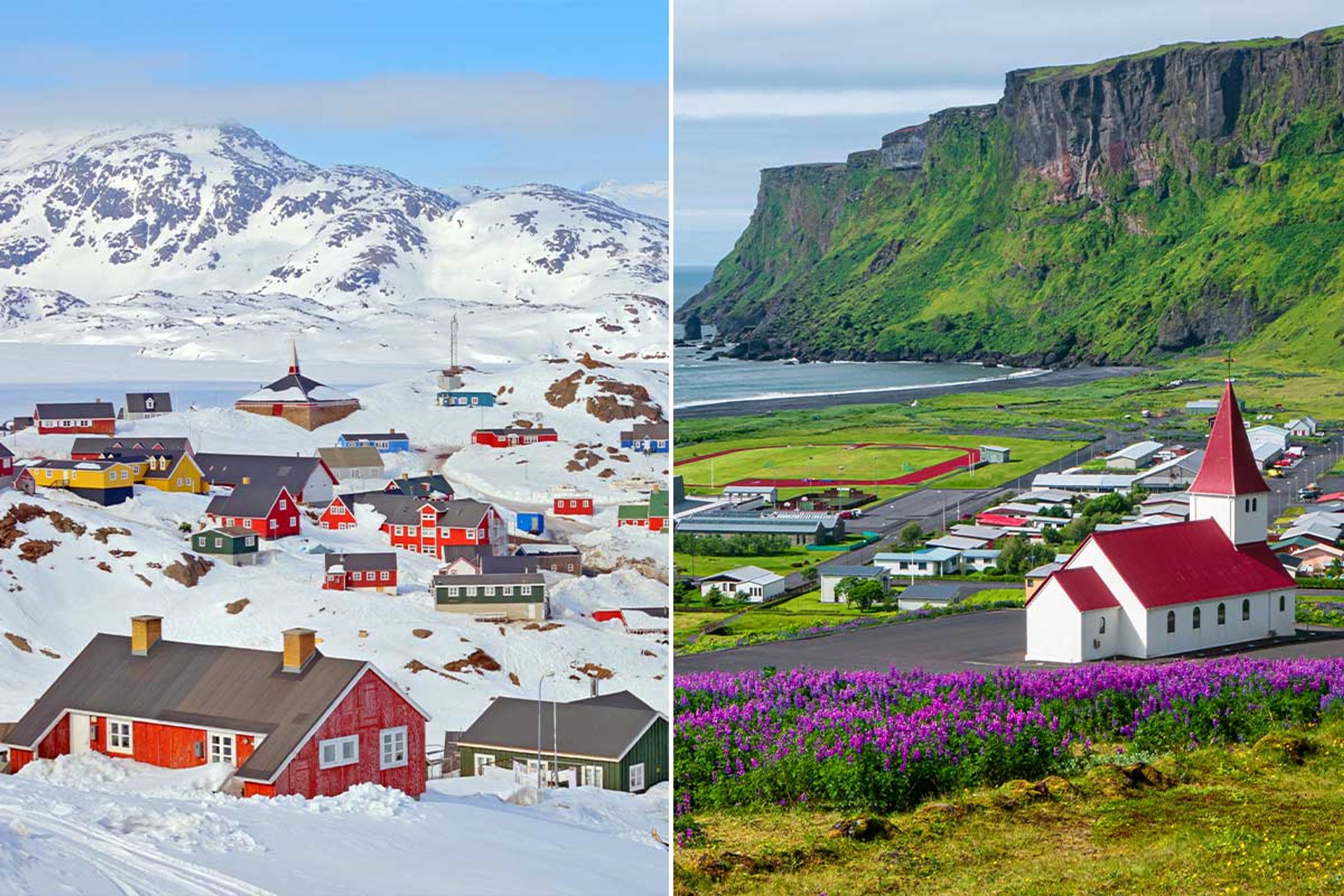A white snowy Greenland versus green grass Iceland
