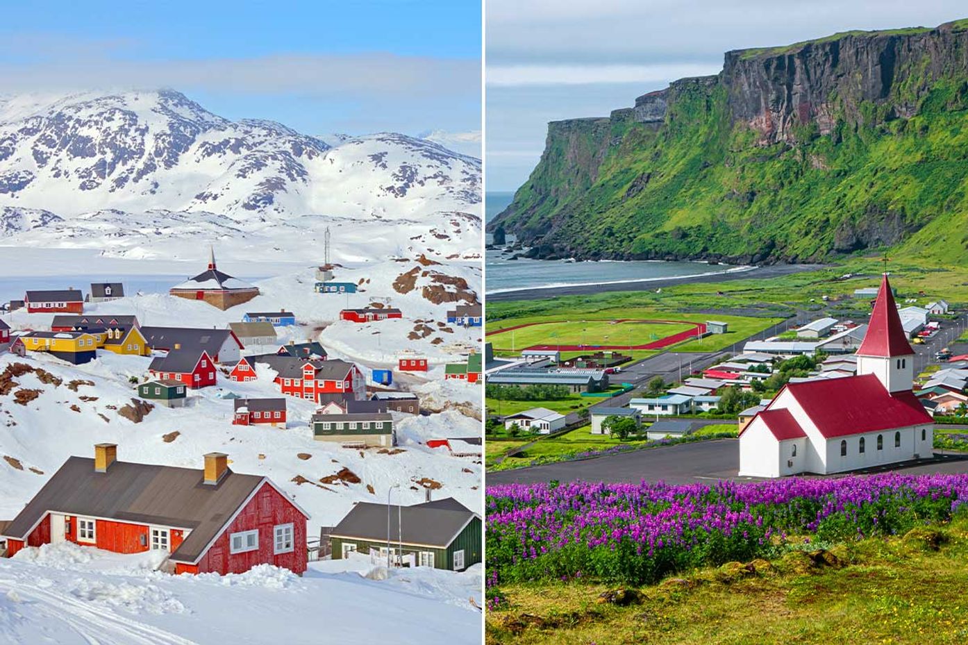 A white snowy Greenland versus green grass Iceland