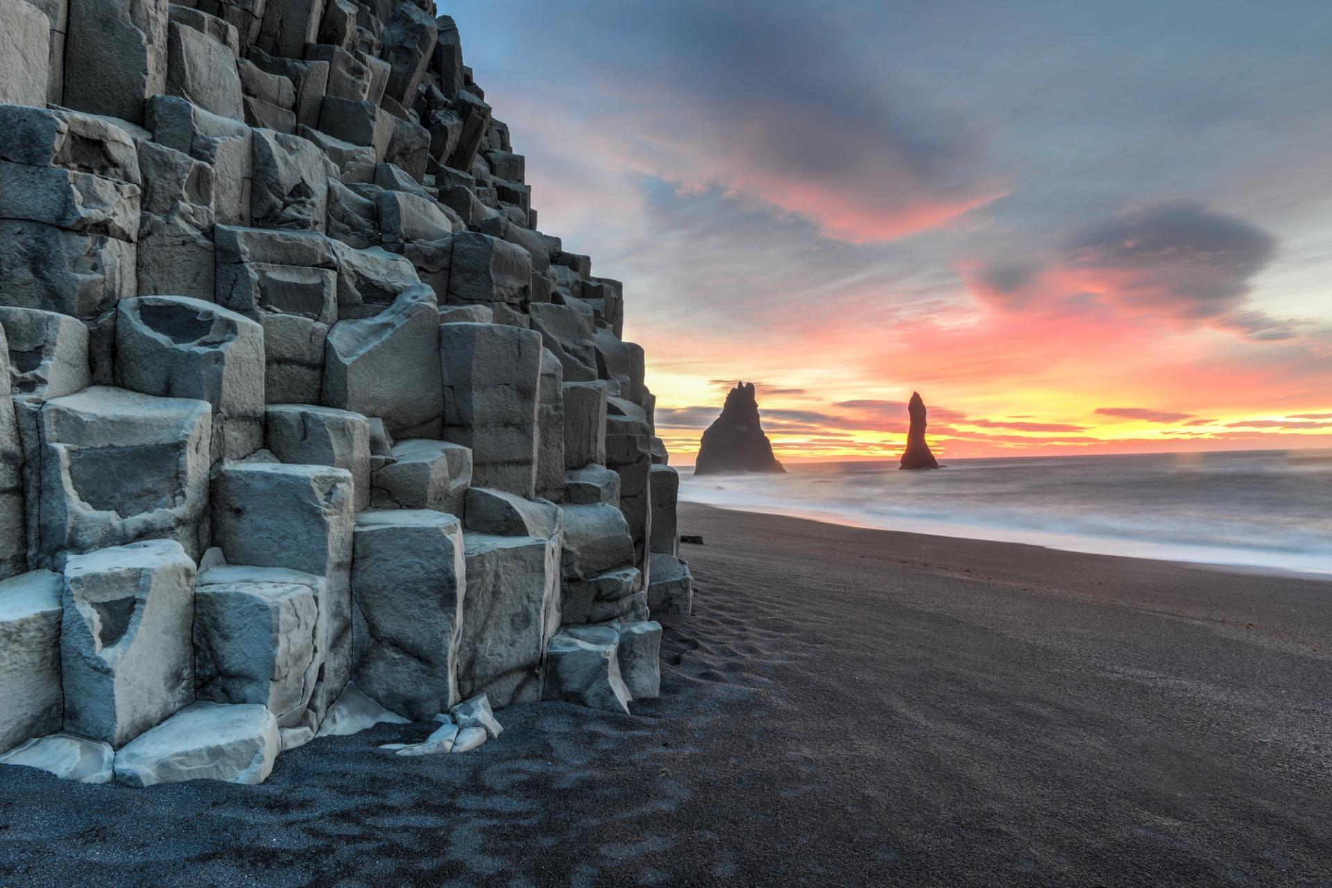 reynisfjara beach during sunset in south coast of iceland