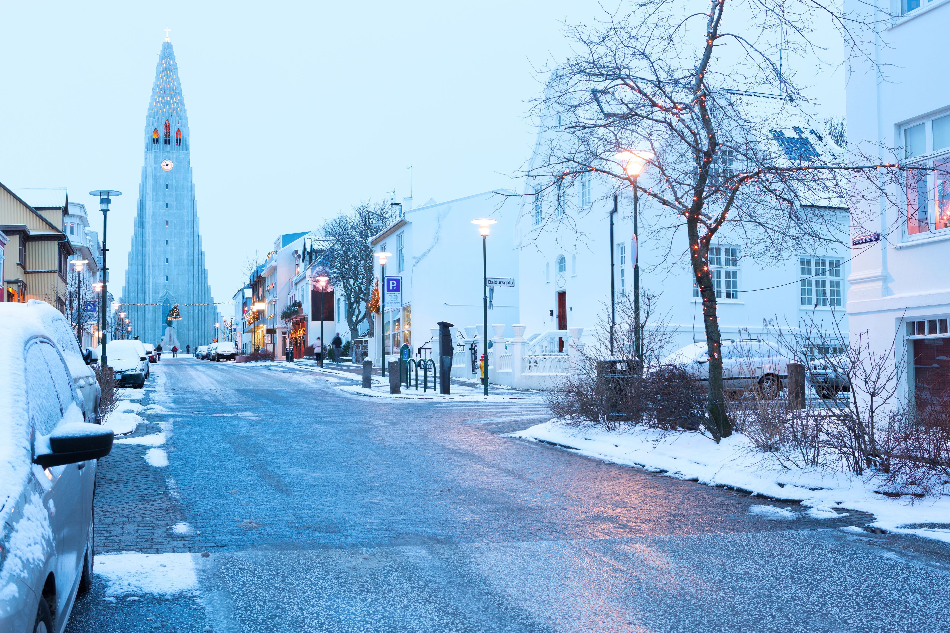 A view of a hotel in Reykjavik with festive decorations during winter months