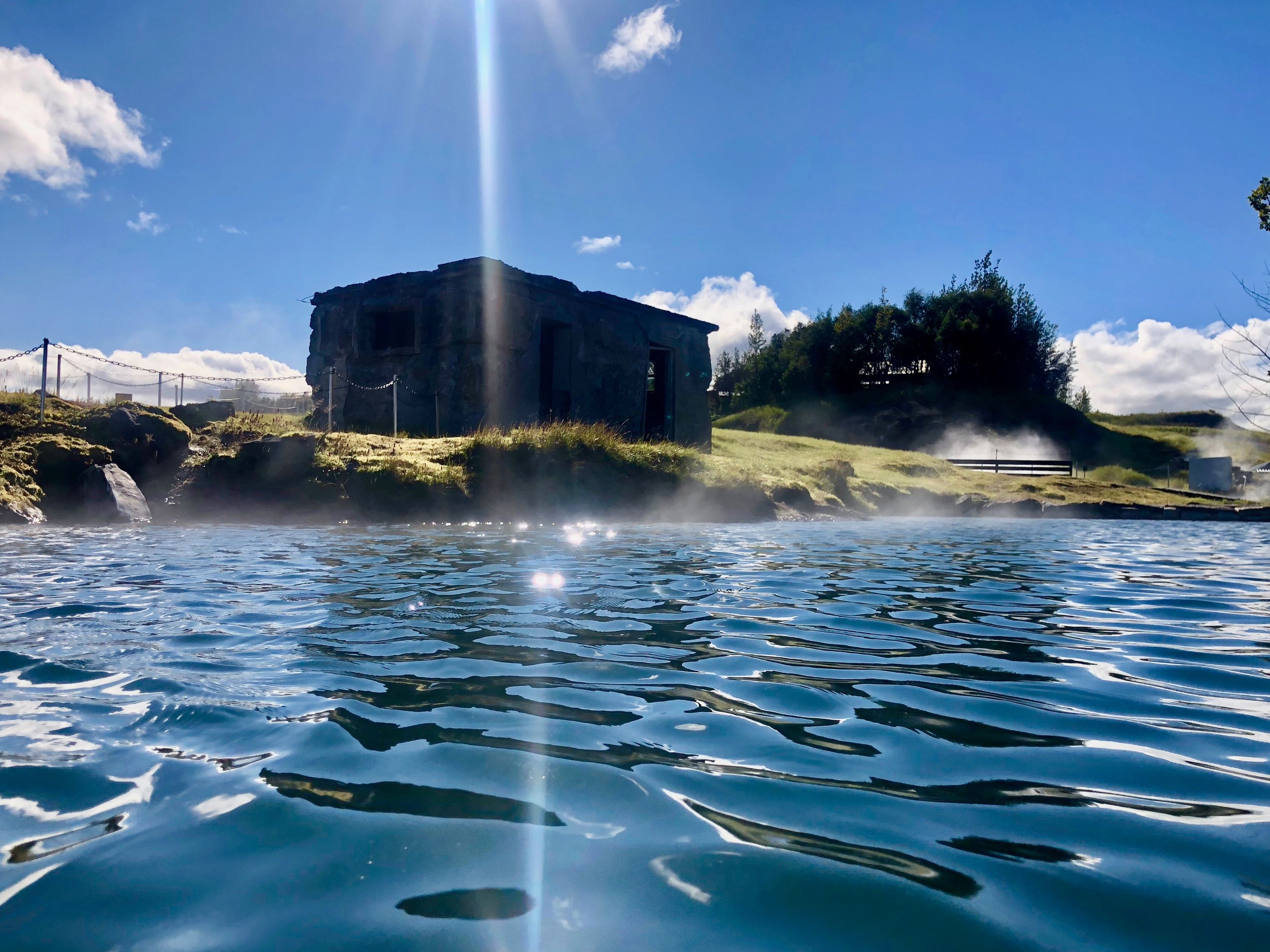 Secret Lagoon, Iceland, on a sunny day