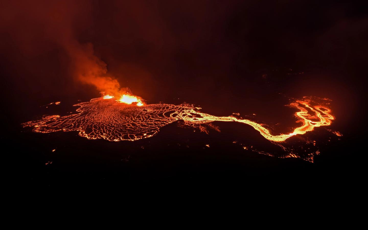 The eruption of the Fagradalsfjall Volcano in 2022 with red lava