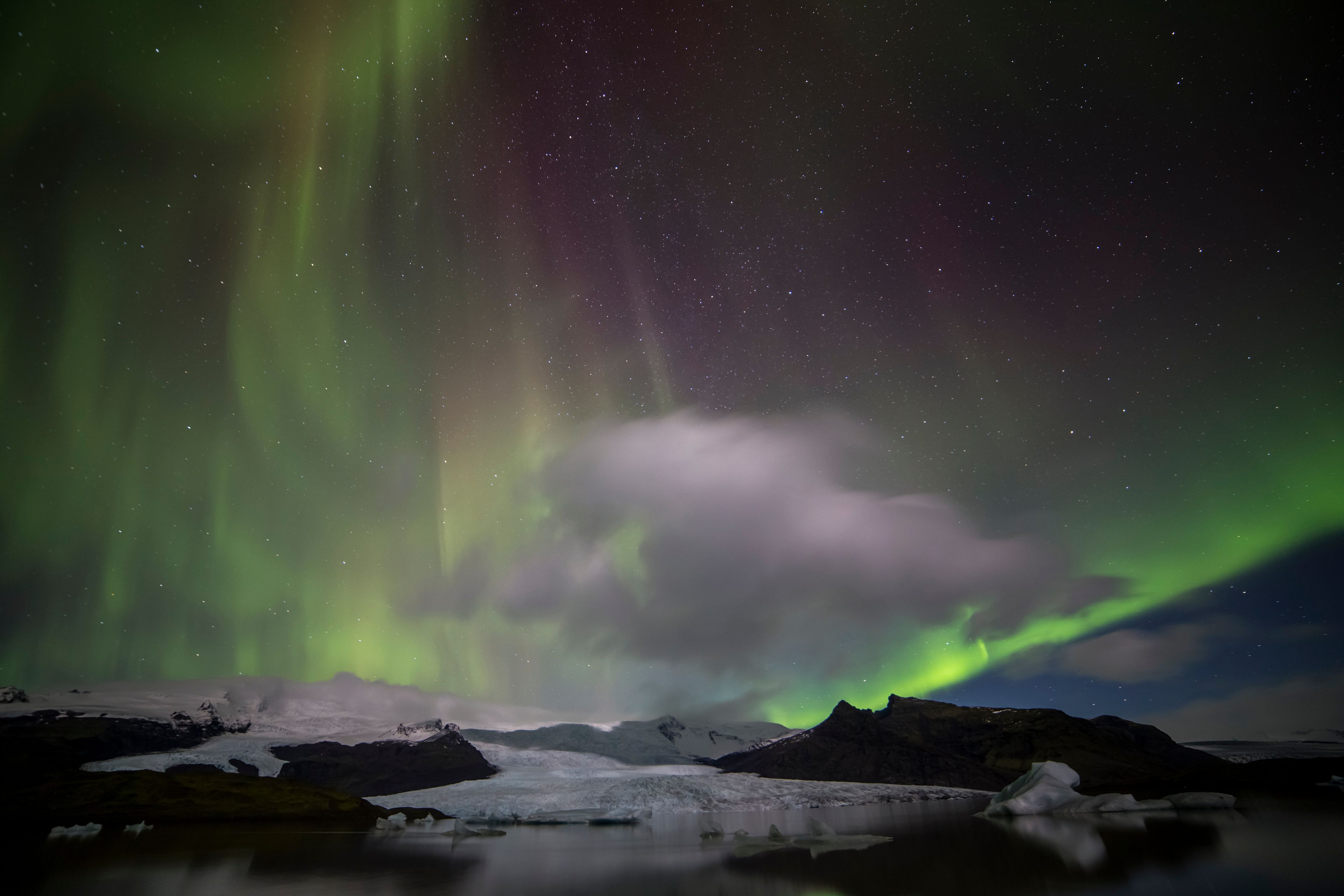 Fjallsarlon Glacier Lagoon under the Northern Lights in November