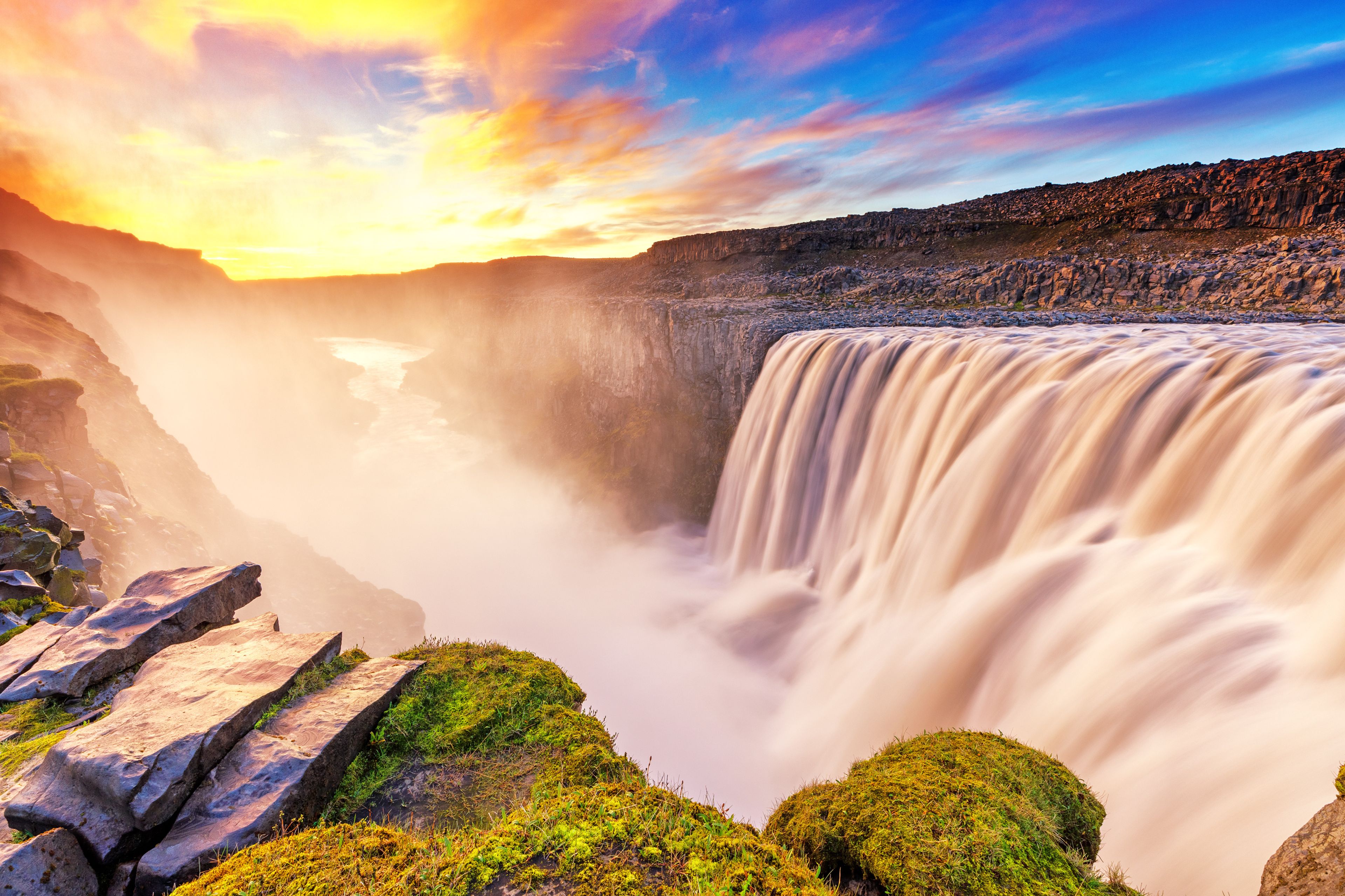 exceptional View on the Dettifoss waterfall and its green landscapes in the north of Iceland