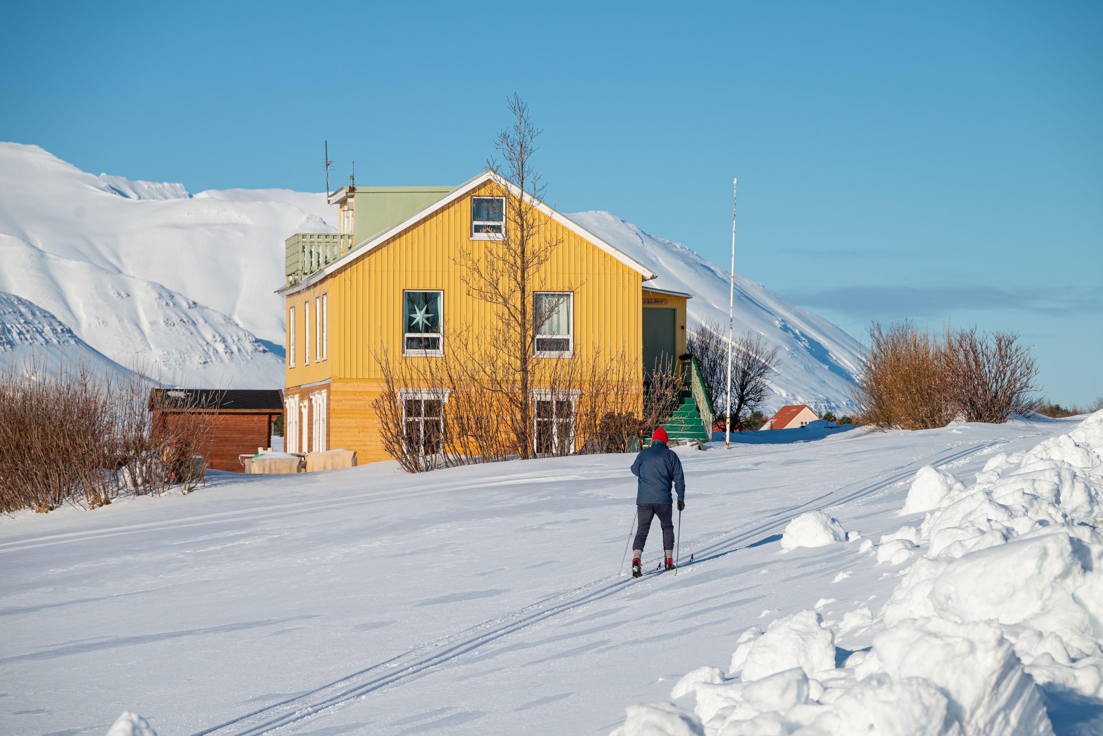 Man cross-country skiing in Hrisey, Iceland