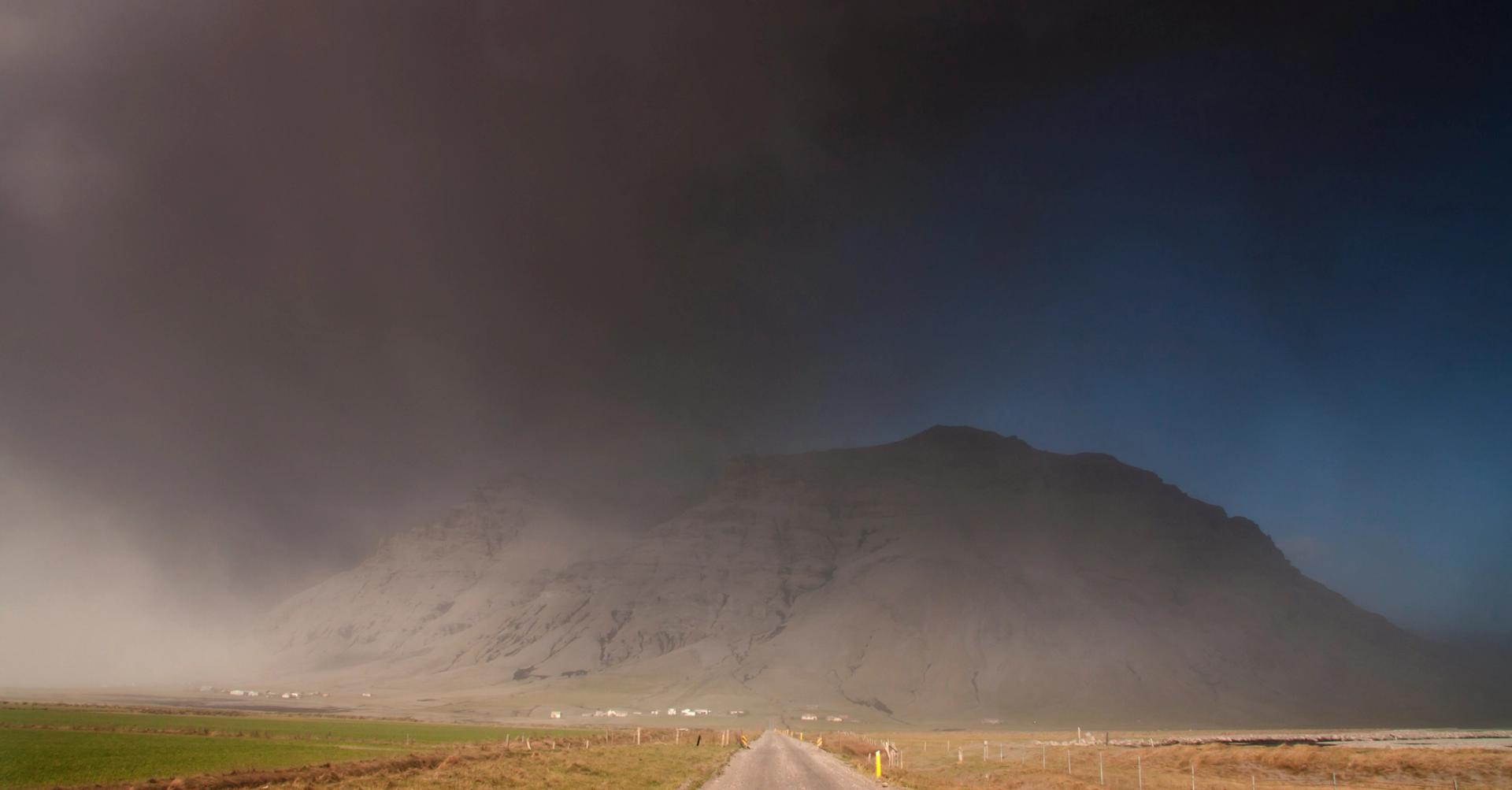 Sand and Ash storm in iceland near a gravel road in the F-roads