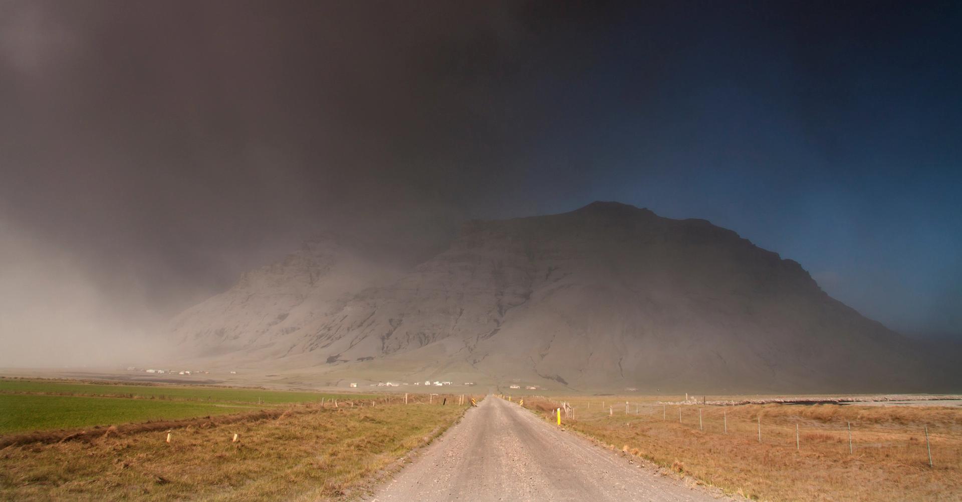 Sand and Ash storm in iceland near a gravel road in the F-roads