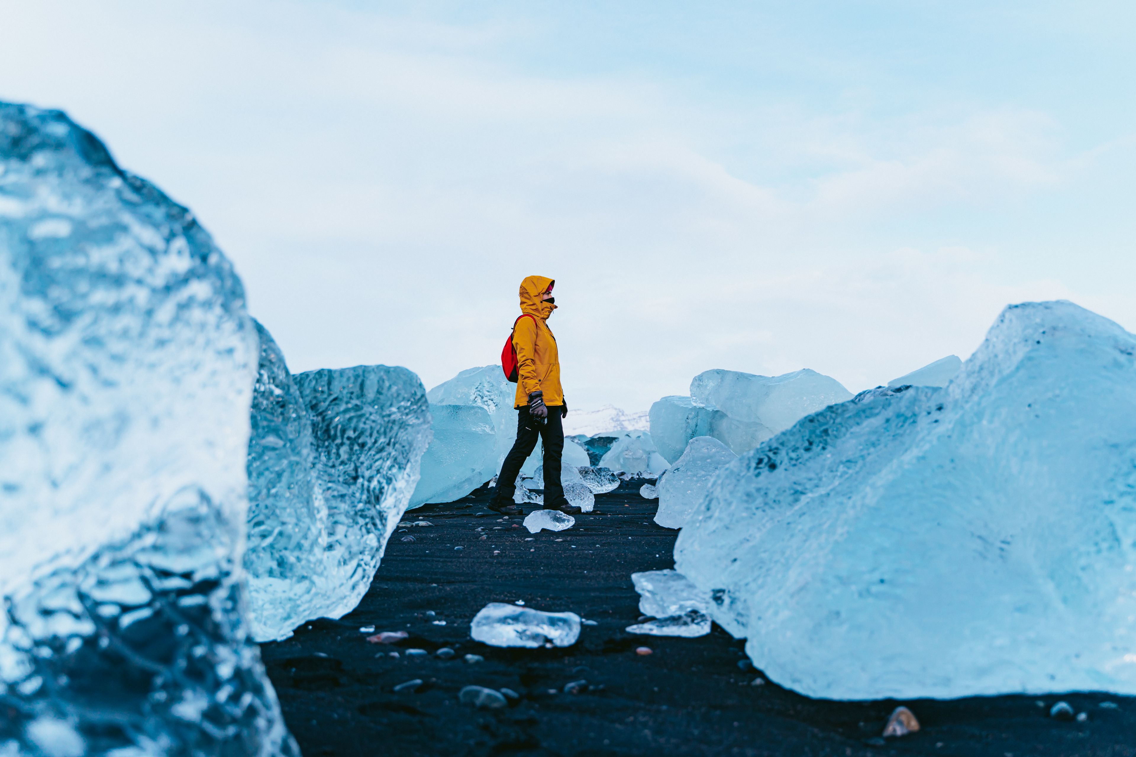 Girl in Diamond Beach, Iceland