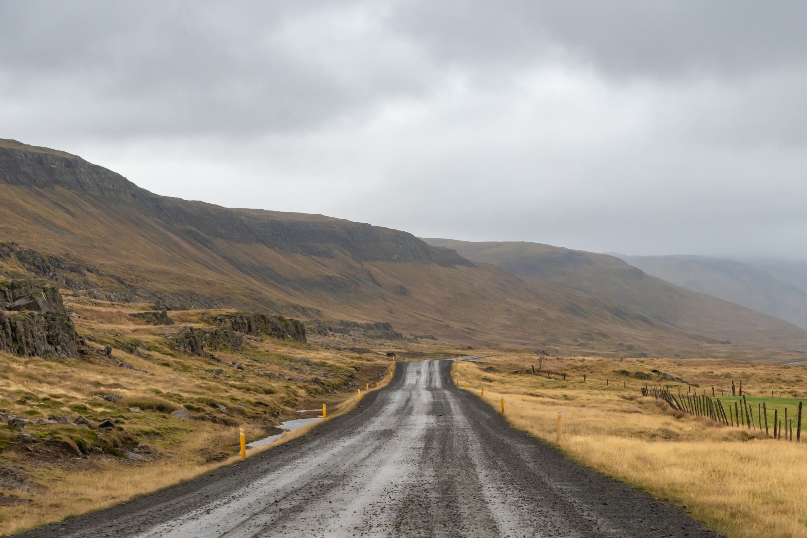 Schotterstraße entlang der isländischen Küste bei regnerischem, grauem Wetter