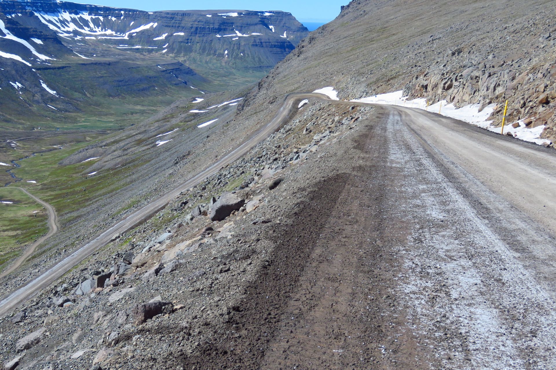 Winding gravel road to Bolafjall Mountain, Westfjords, Iceland