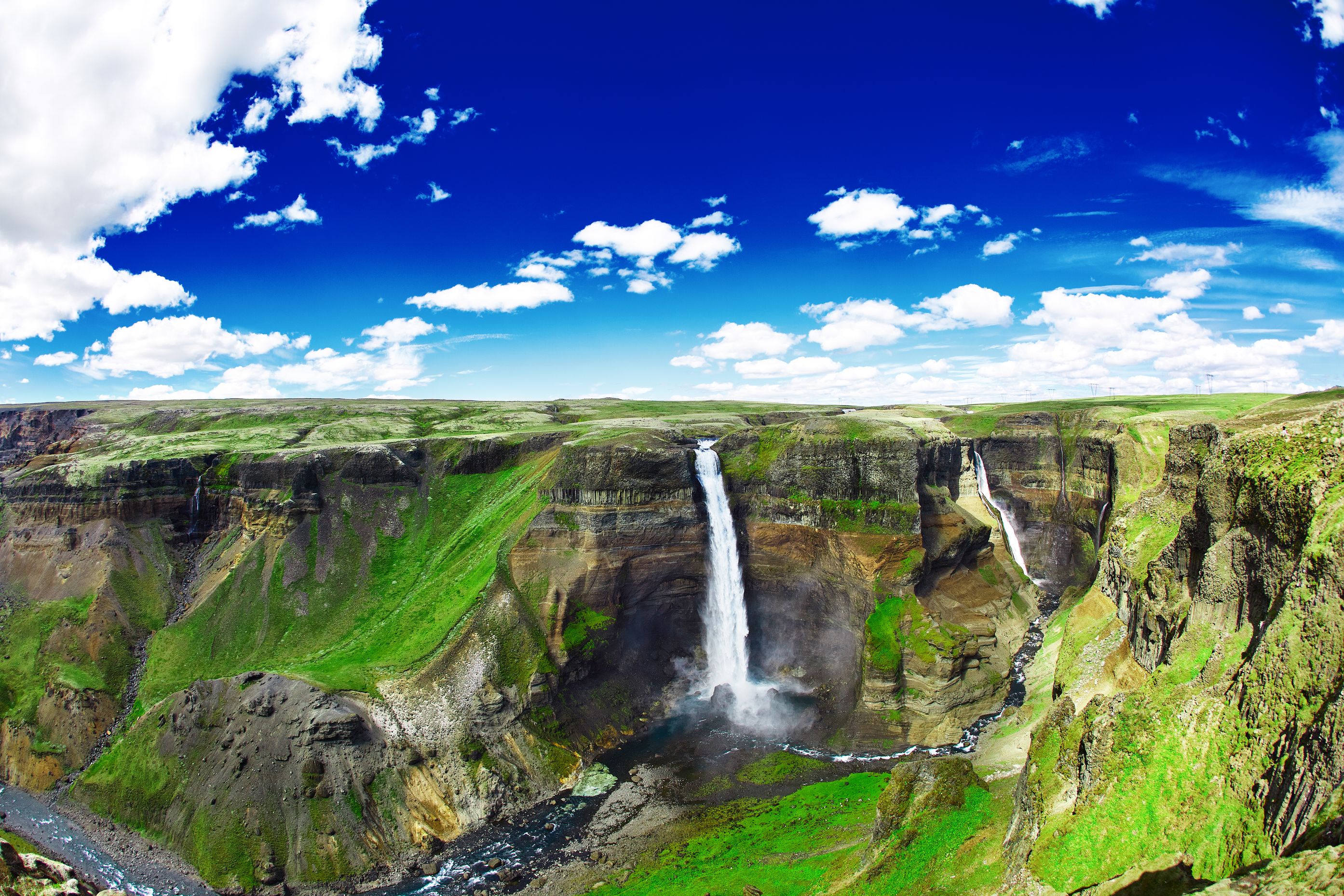 Panoramic view of Haifoss and Granni Waterfall