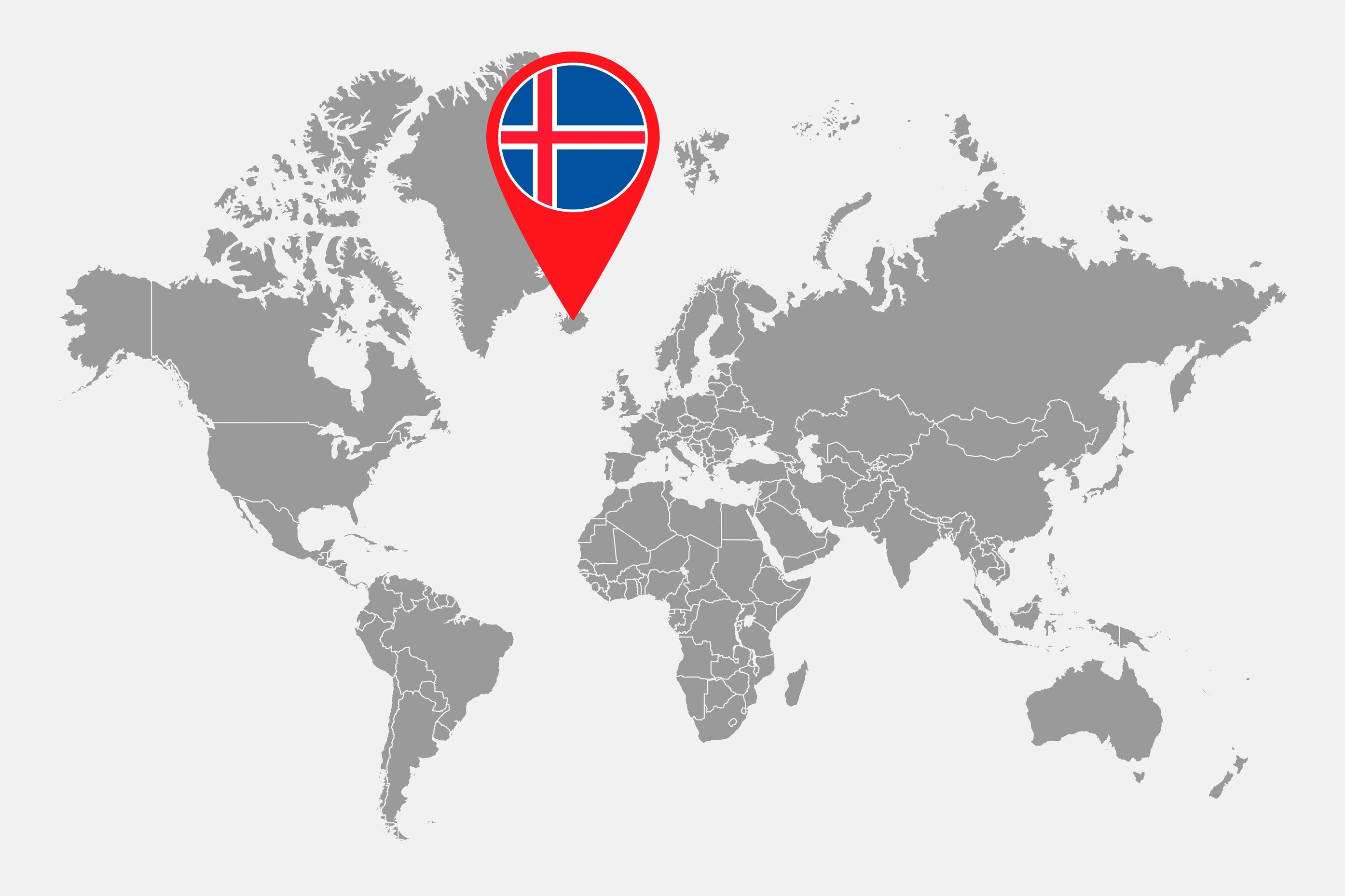 World's map with Iceland marked with a red pin