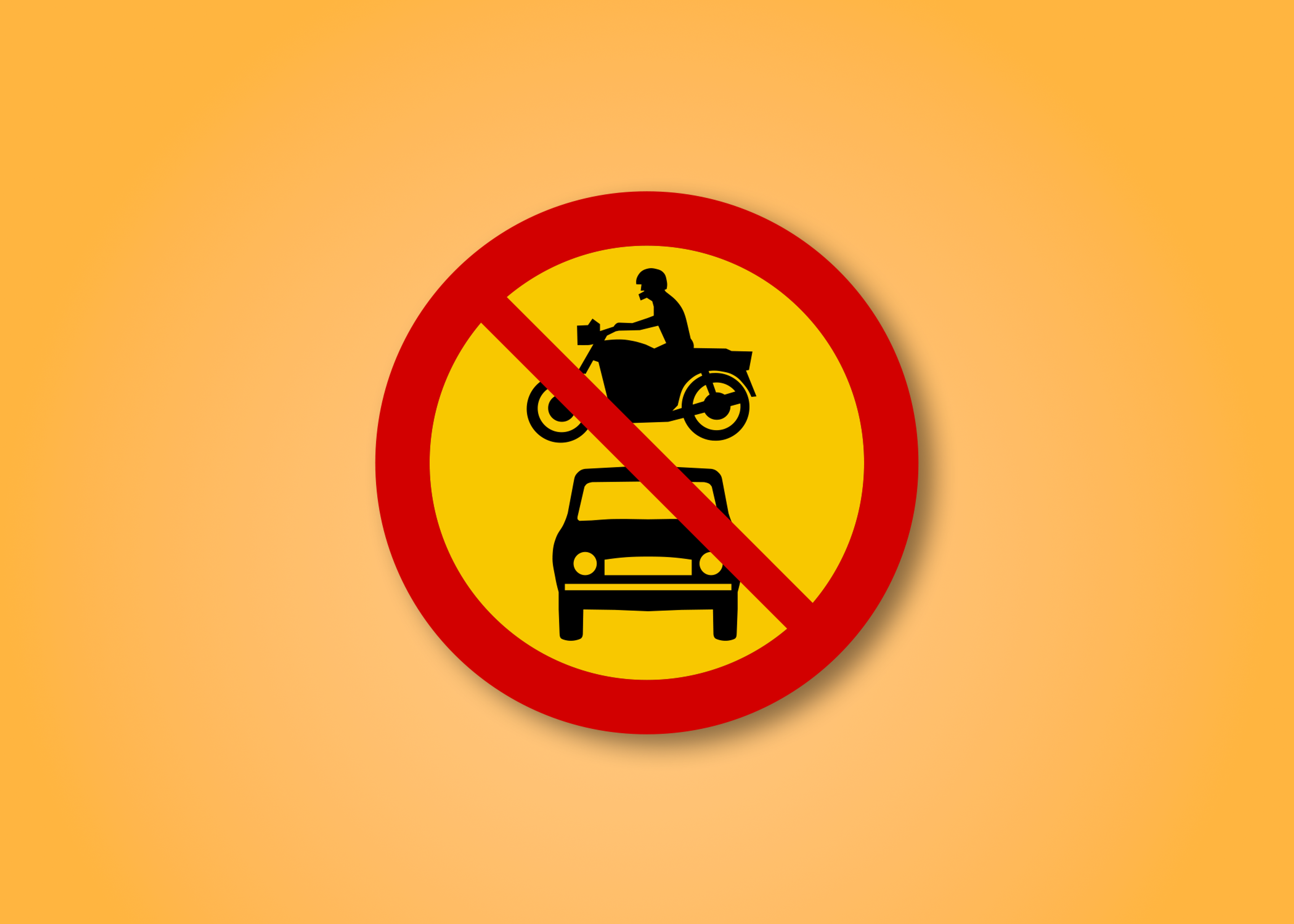 Red and yellow circle road sign with a rental car and a motorcycle in the middle. This road sign means No Motor Vehicles can enter.
