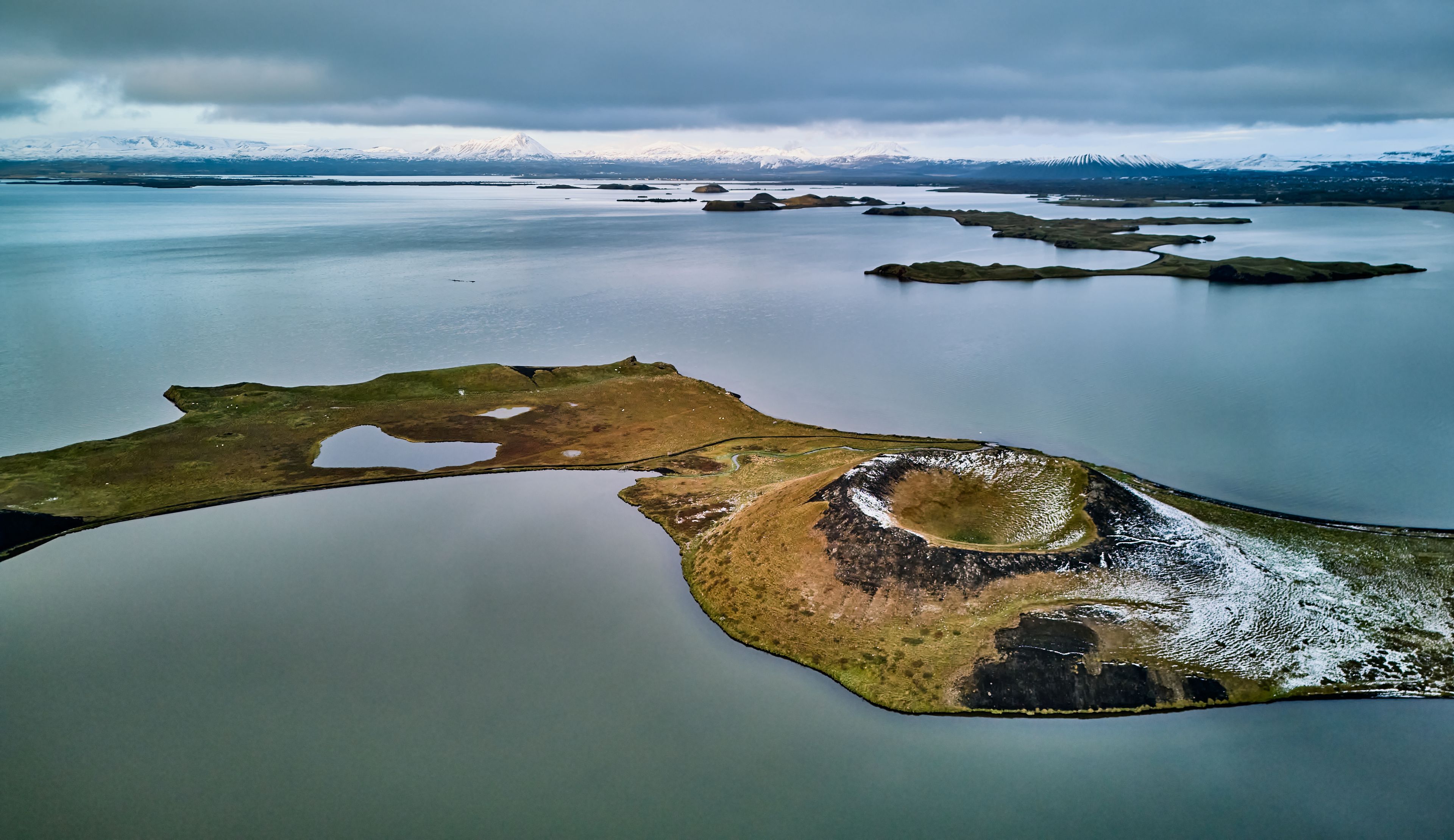 Aerial view of Lake Myvatn and a volcanic crater