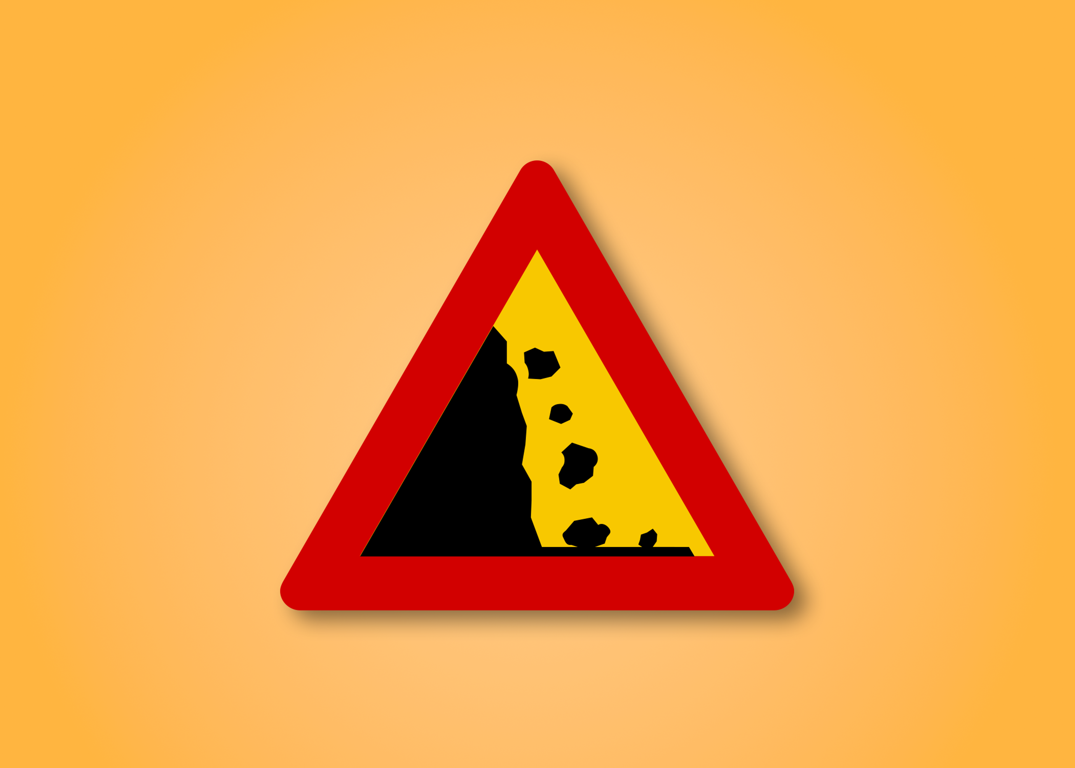 Red and yellow triangle road sign with a Falling Rocks in the middle. This road sign means Falling Rocks ahead