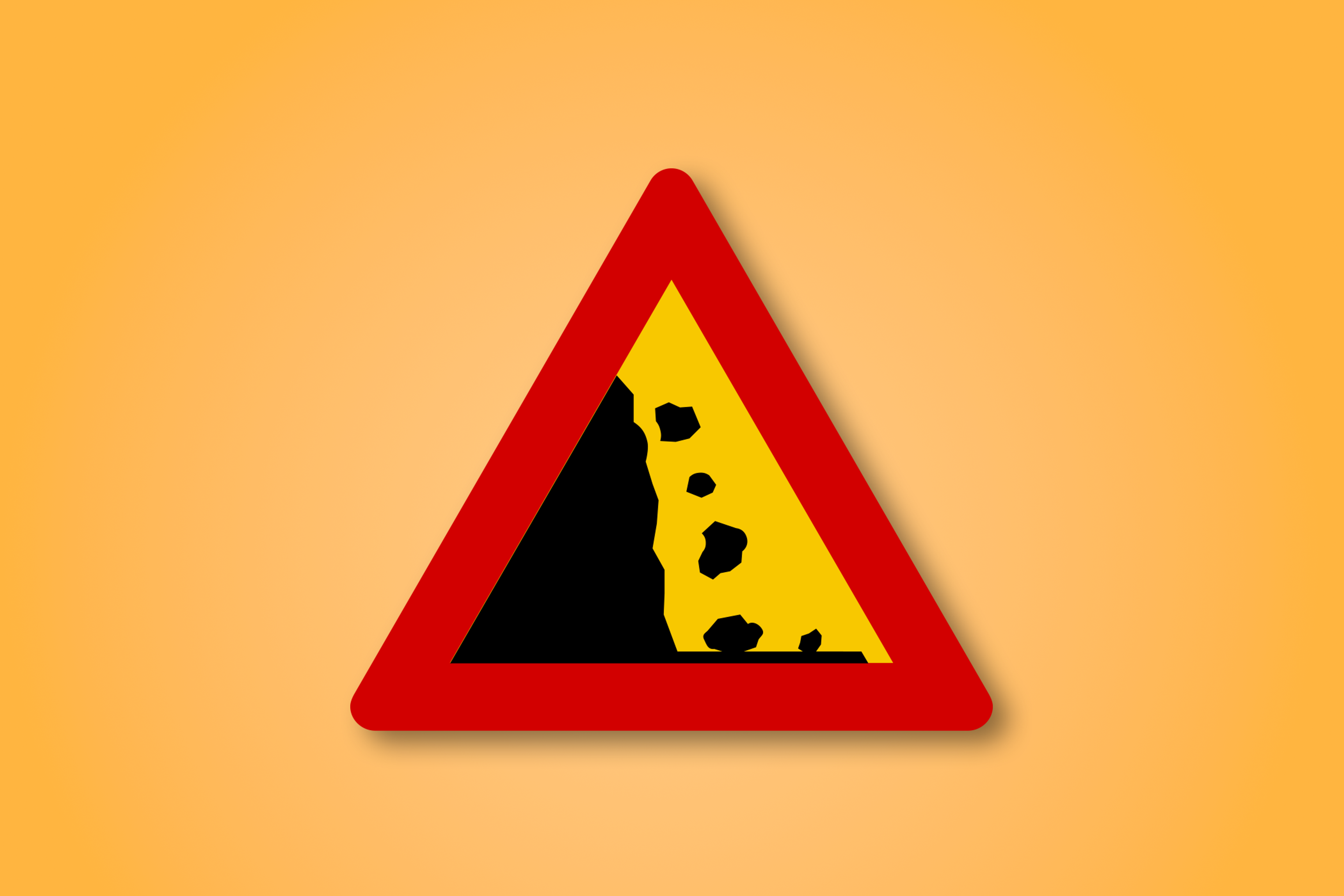 一块红色和黄色的三角形路标，中间有"滚石"图标。这个路标表示前方有滚石。