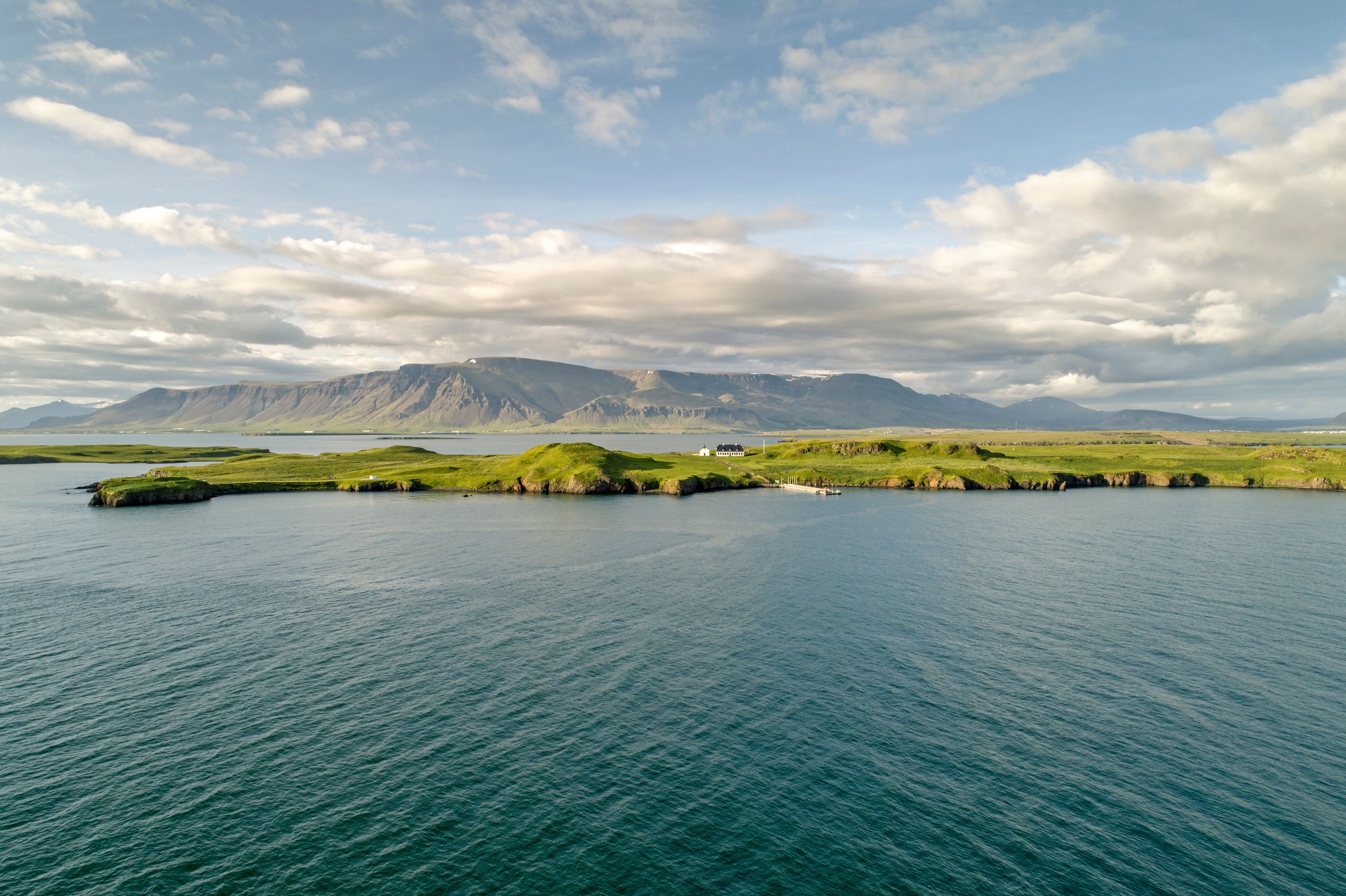 Viðey Island in the foreground and Mount Esja in the background