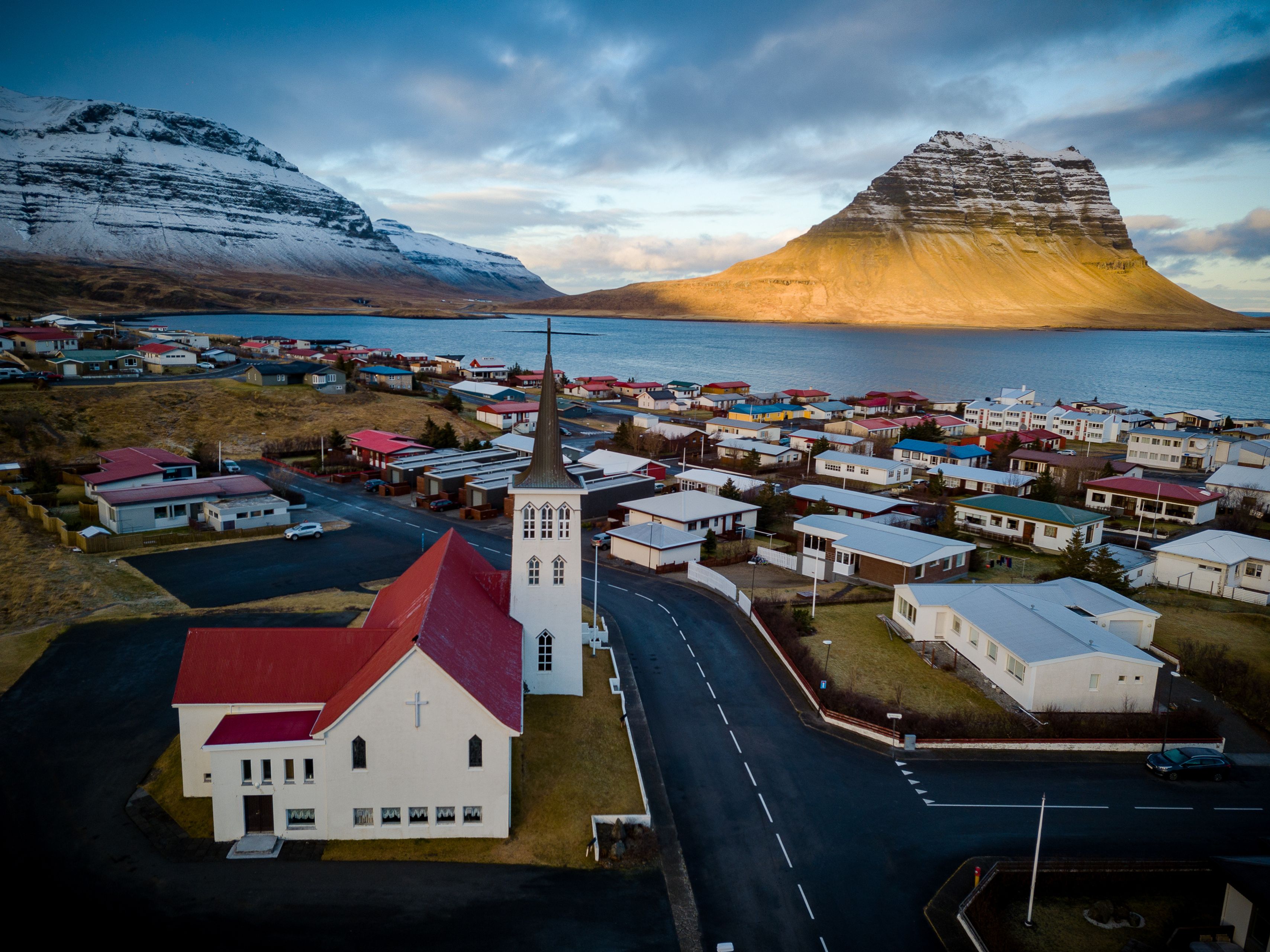 Panoramic Aerial view of Kirkjufell Mountain and Grundarfjörður