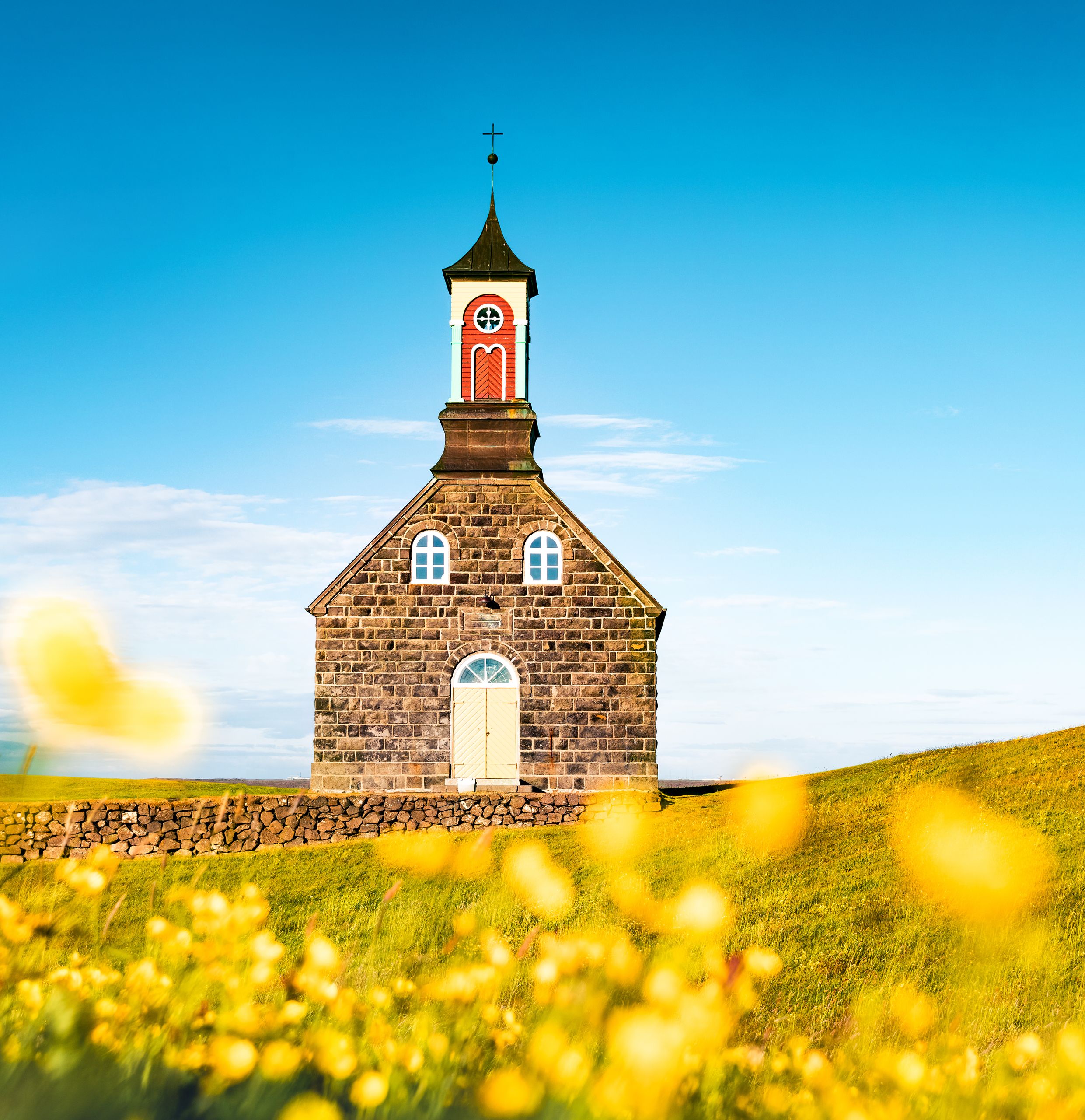 Bright morning view of Hvalsneskirkja church among blooming yellow flowers. Splendid summer scene of Iceland