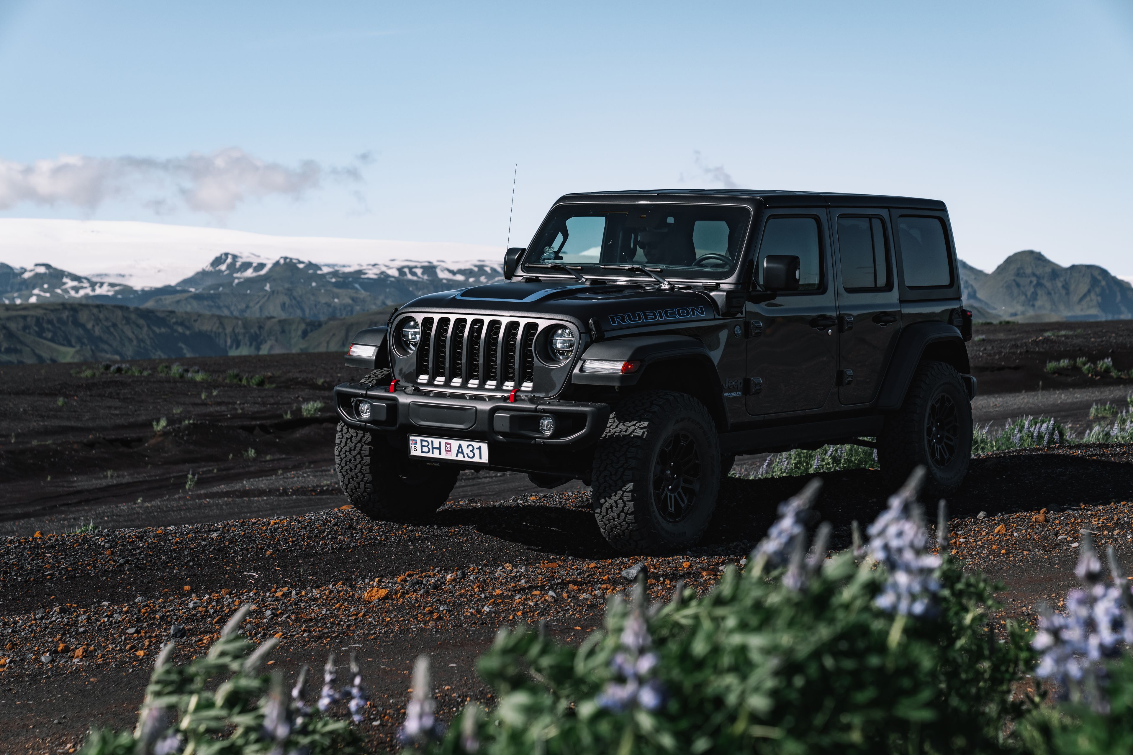 The Jeep Wrangler Rubicon in a rugged terrain in highland of Iceland 