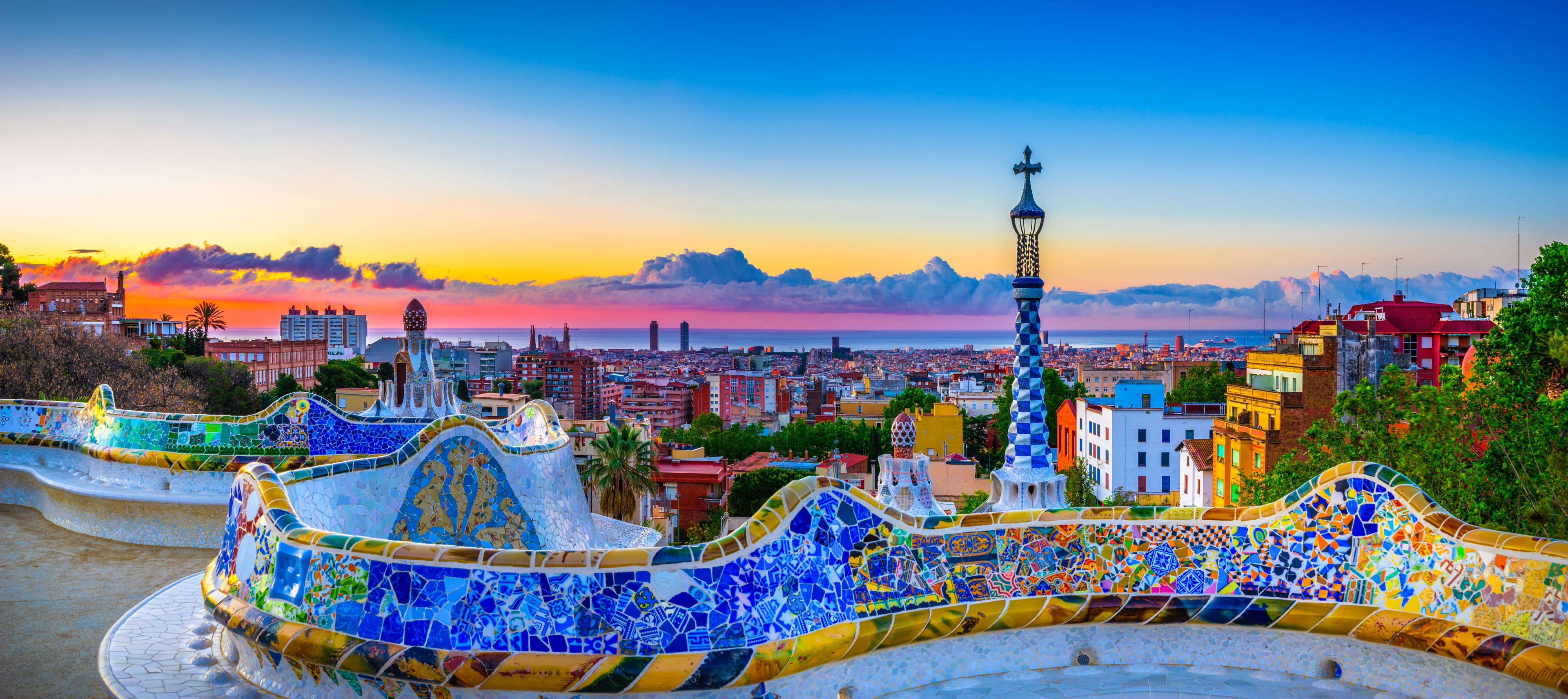 Skyline panorama of Barcelona at sunrise