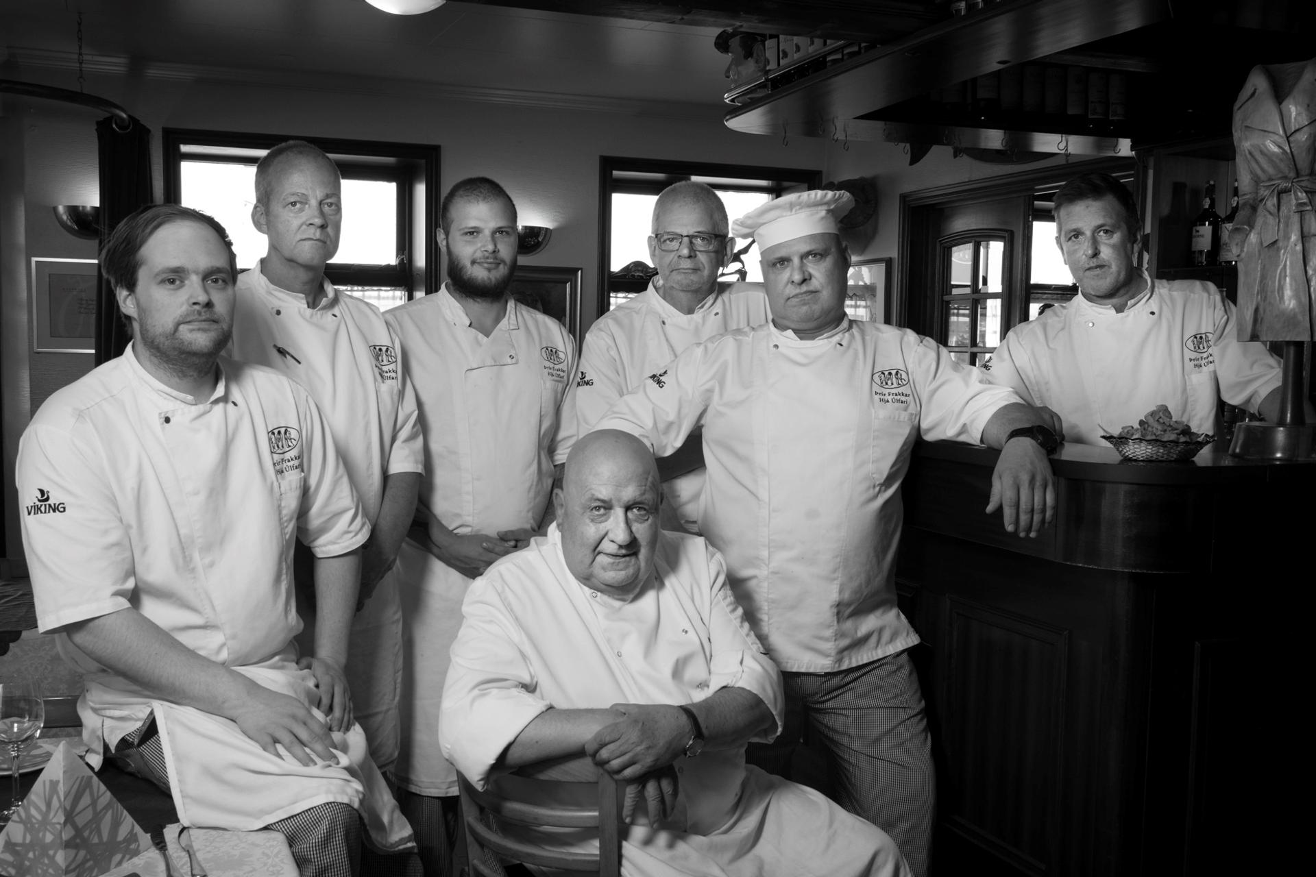 Team of the Three Coats Restaurant, black and white picture 