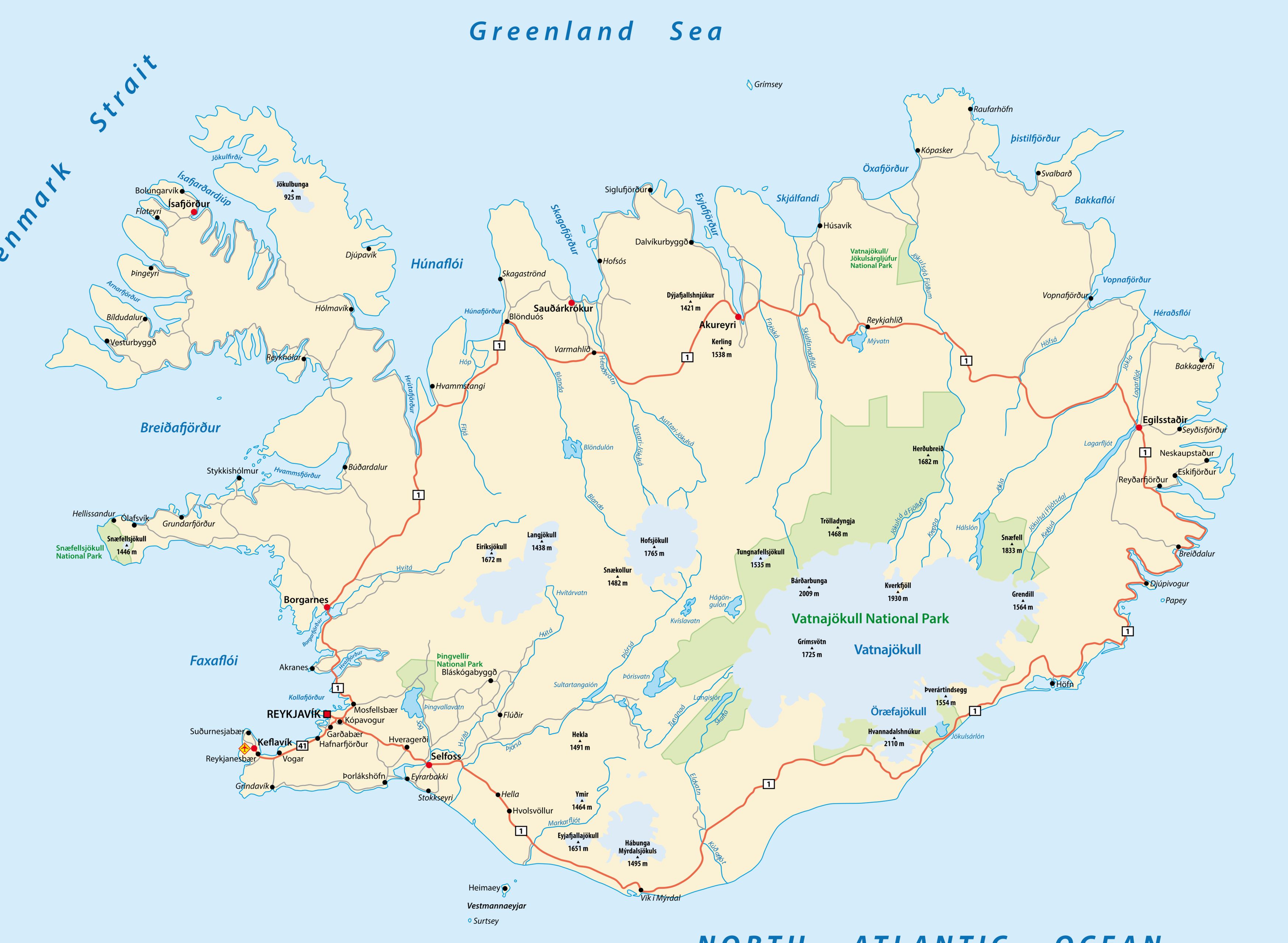 map of Iceland where you can see the size of its glaciers compared to the island 
